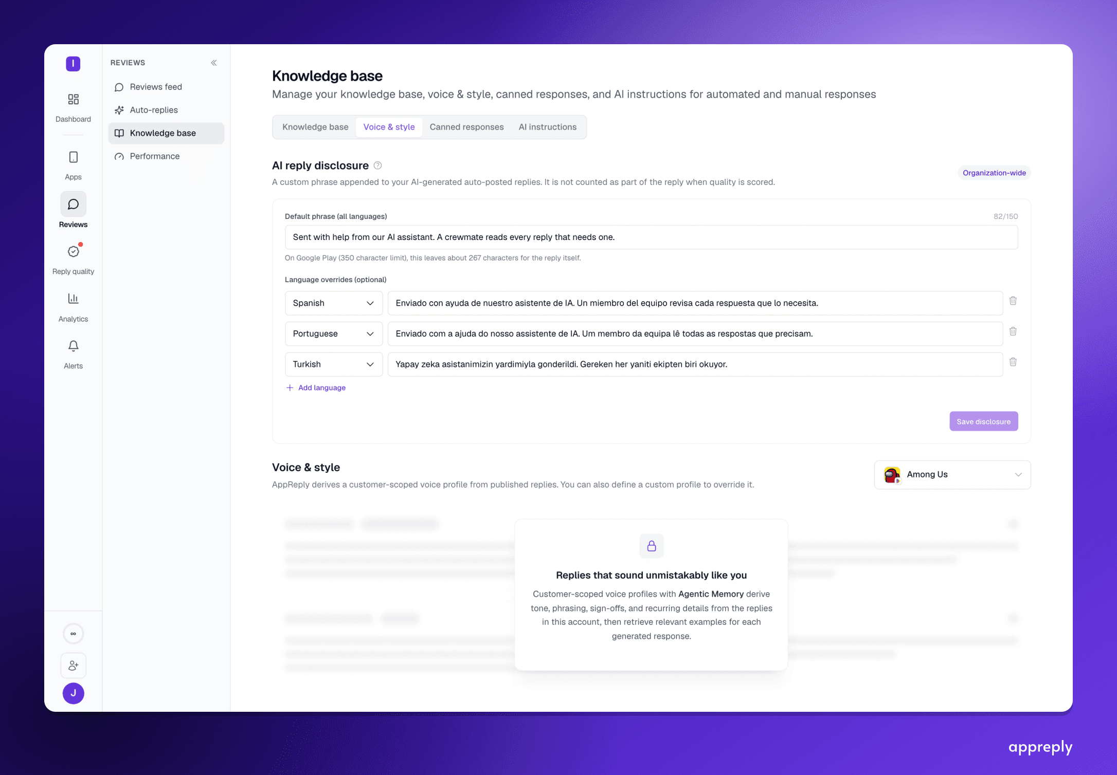AI reply disclosure: a default phrase for all languages, per-language overrides for Spanish, Portuguese and Turkish, and a reminder of how many characters are left for the reply on Google Play.
