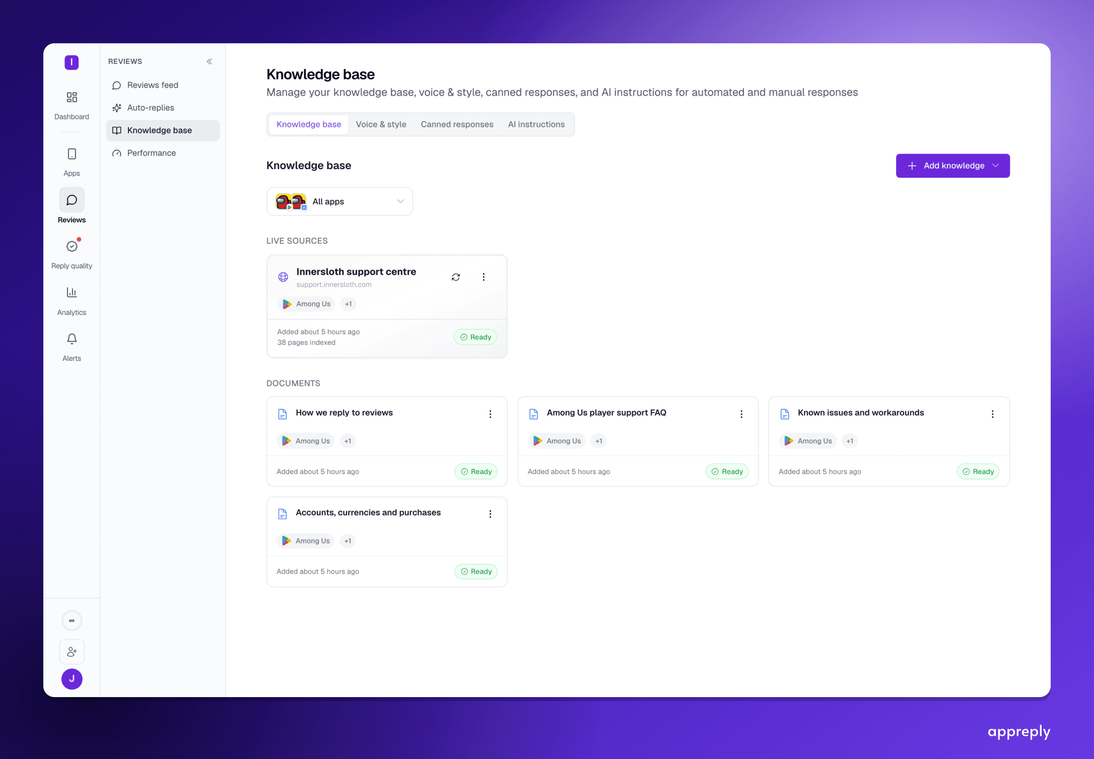 The knowledge base for a mobile game: a live help center source with 38 pages indexed, plus documents for reply guidance, the player FAQ, known issues, and accounts and purchases.