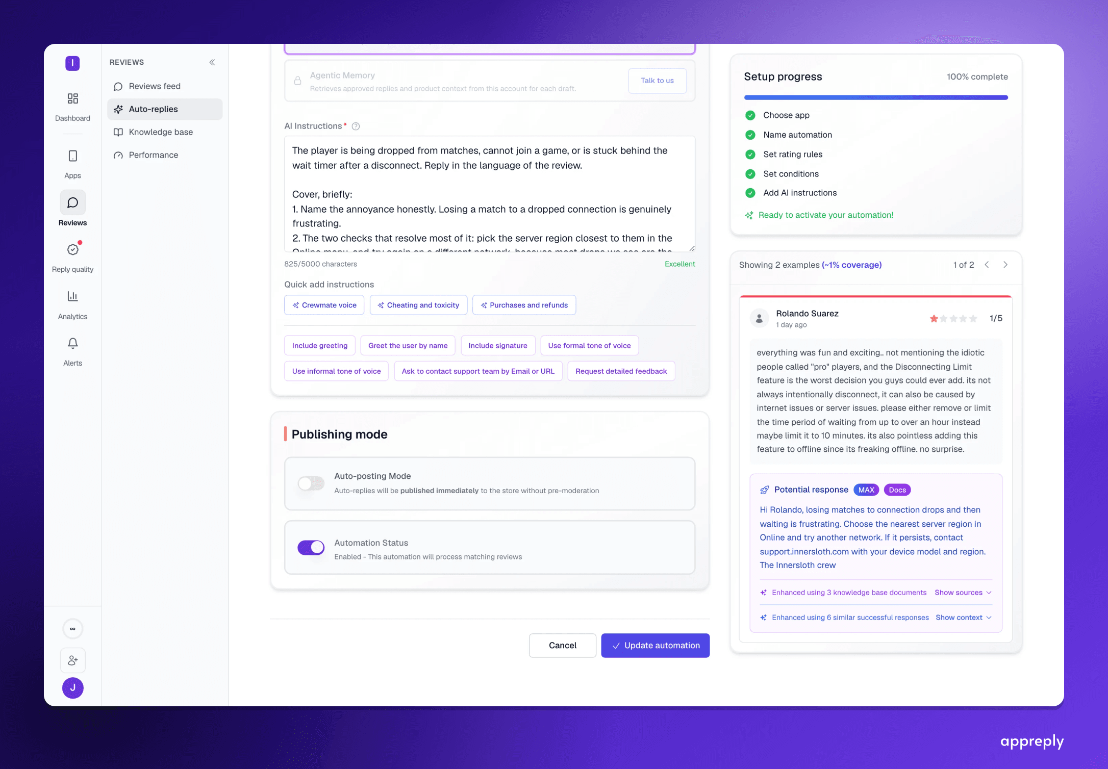 A rule for disconnect complaints: the AI instructions, the publishing mode, and a sample draft built from three knowledge base documents and six similar approved replies.
