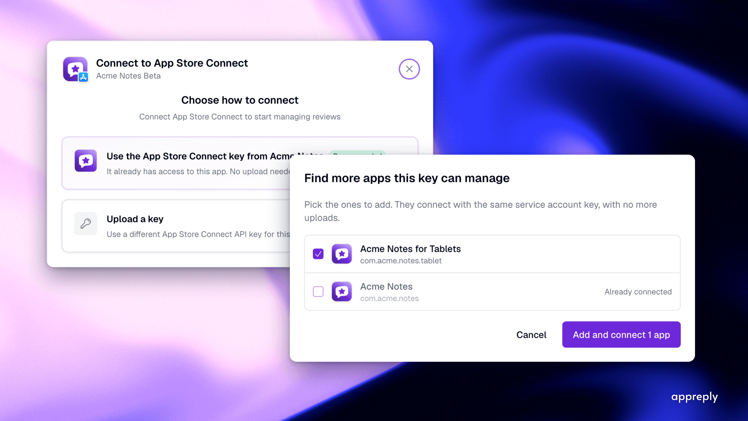 You can reuse a store connection for other apps it has permission to manage.