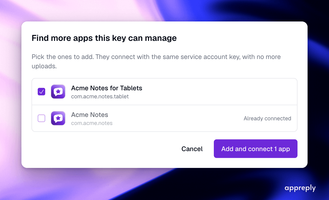 You can add several apps together without signing in or uploading the same key again.
