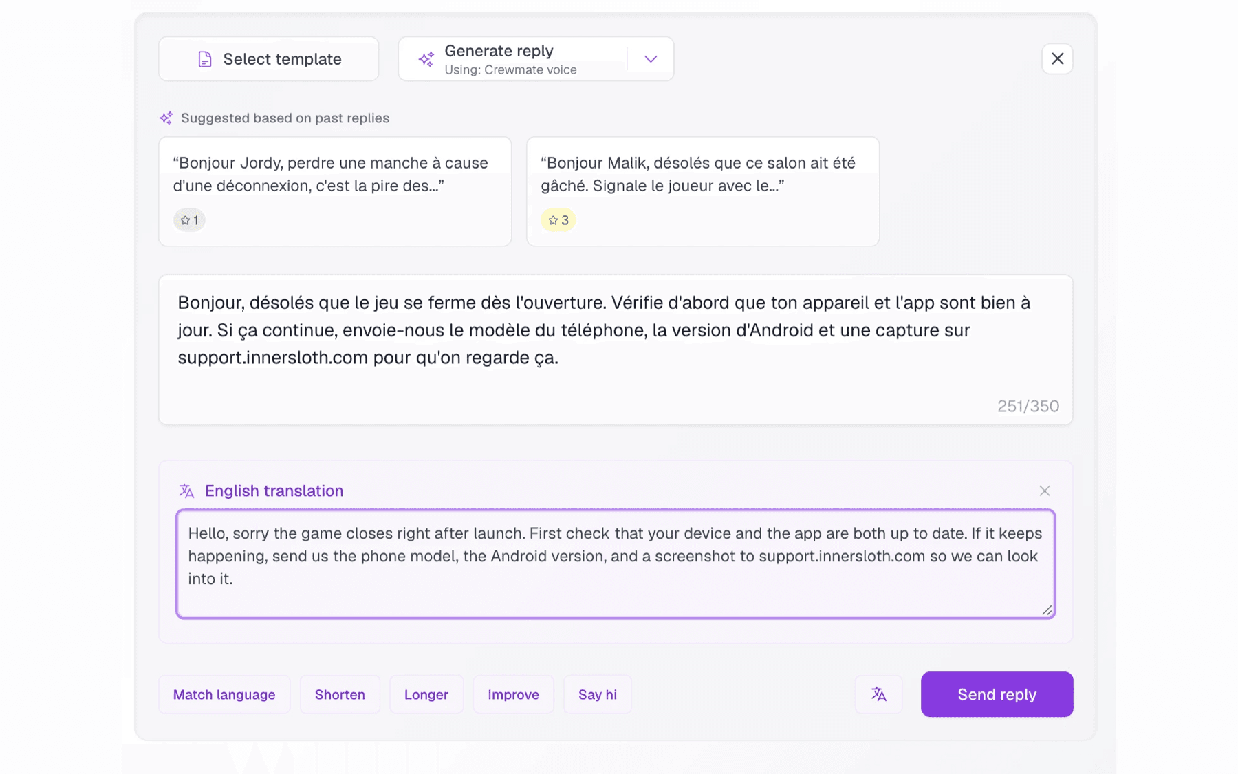 A drafted reply waiting on approval with the dashboard-language translation shown beside the original text