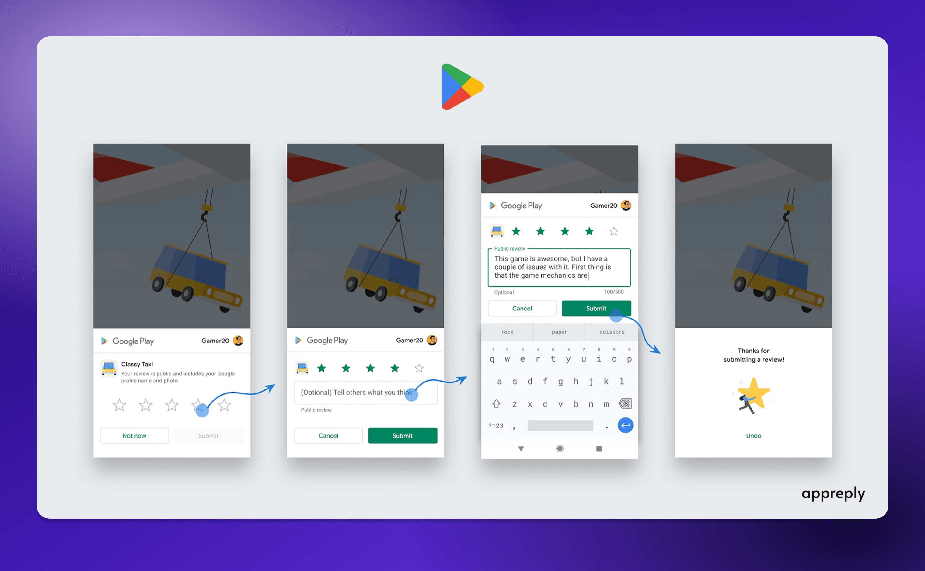 The whole Google Play in-app review flow happens inside the app: stars, an optional review, done.