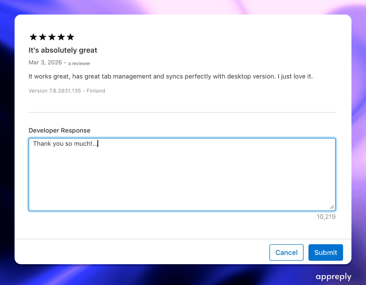 App Store Connect gives you 10,219 characters of room and up to a day before anyone sees the reply, so write the final version first time.