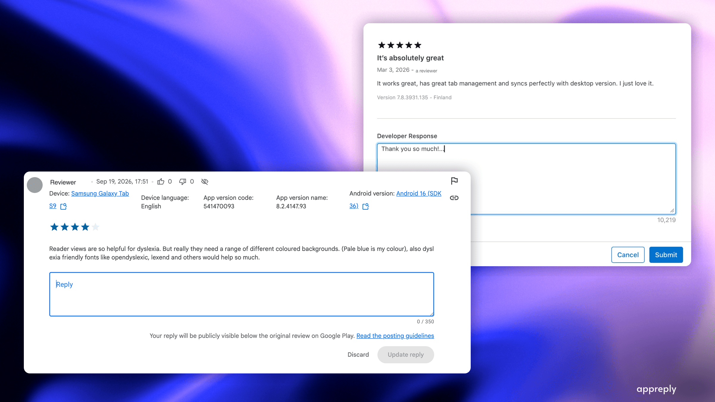 The two reply boxes side by side: Play Console with its 350 character counter, and the App Store Connect developer response dialog behind it
