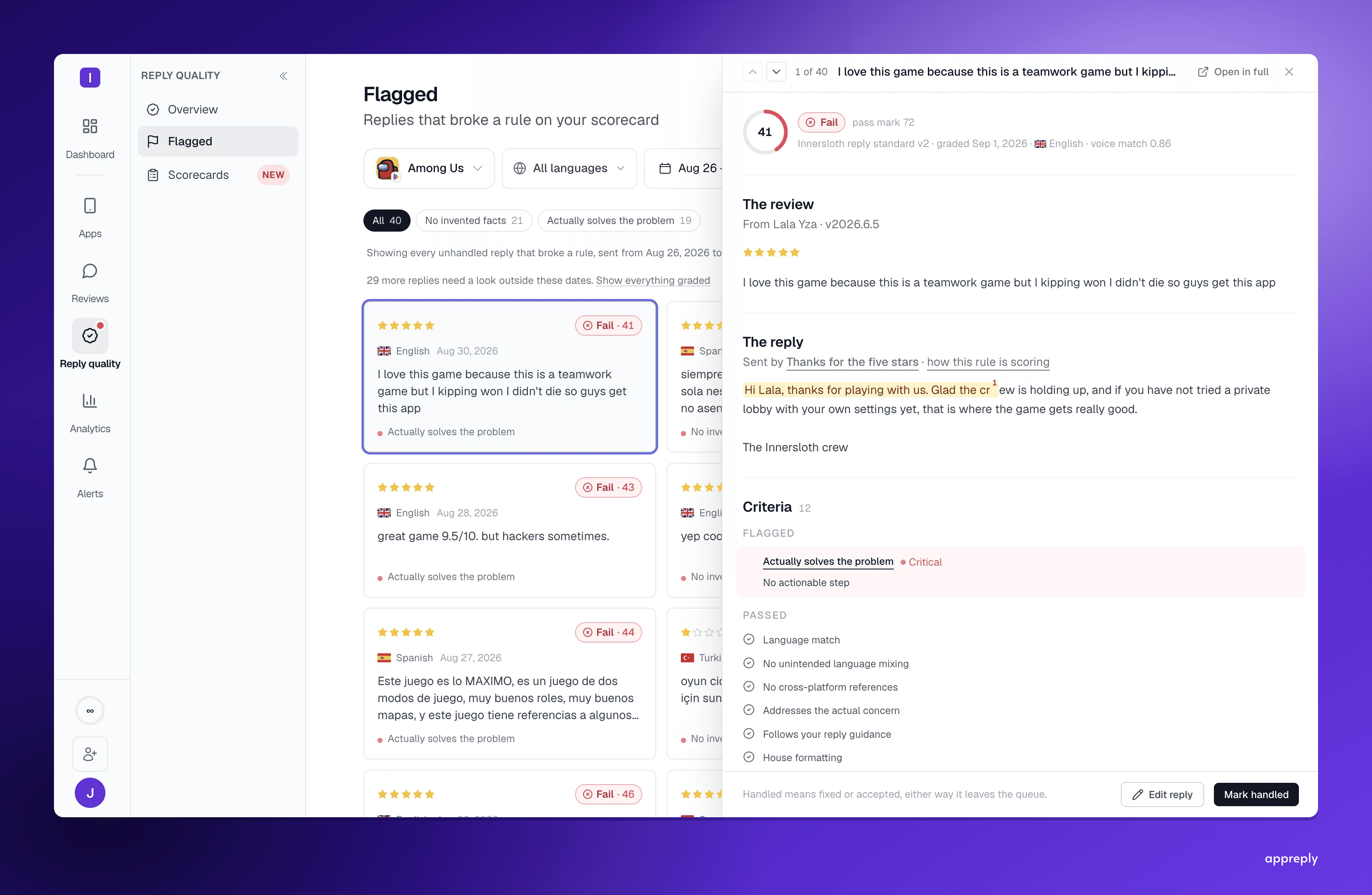 A flagged developer reply opened in Reply Quality: the original review, the published reply with the offending words highlighted, the failed critical check and the checks that passed