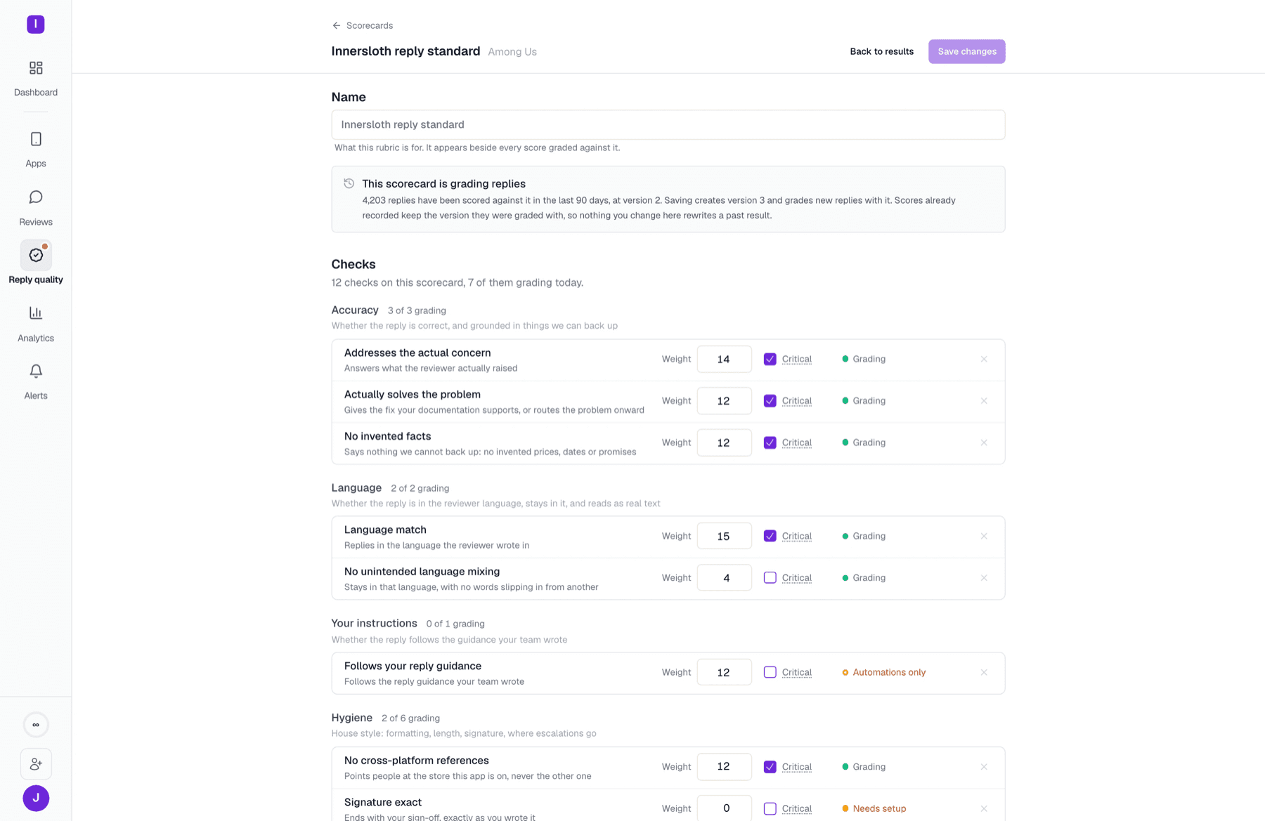 Scorecard settings showing twelve checks grouped into accuracy, language, your instructions and hygiene, each with its weight and whether it is critical, and markers on the ones still waiting on setup