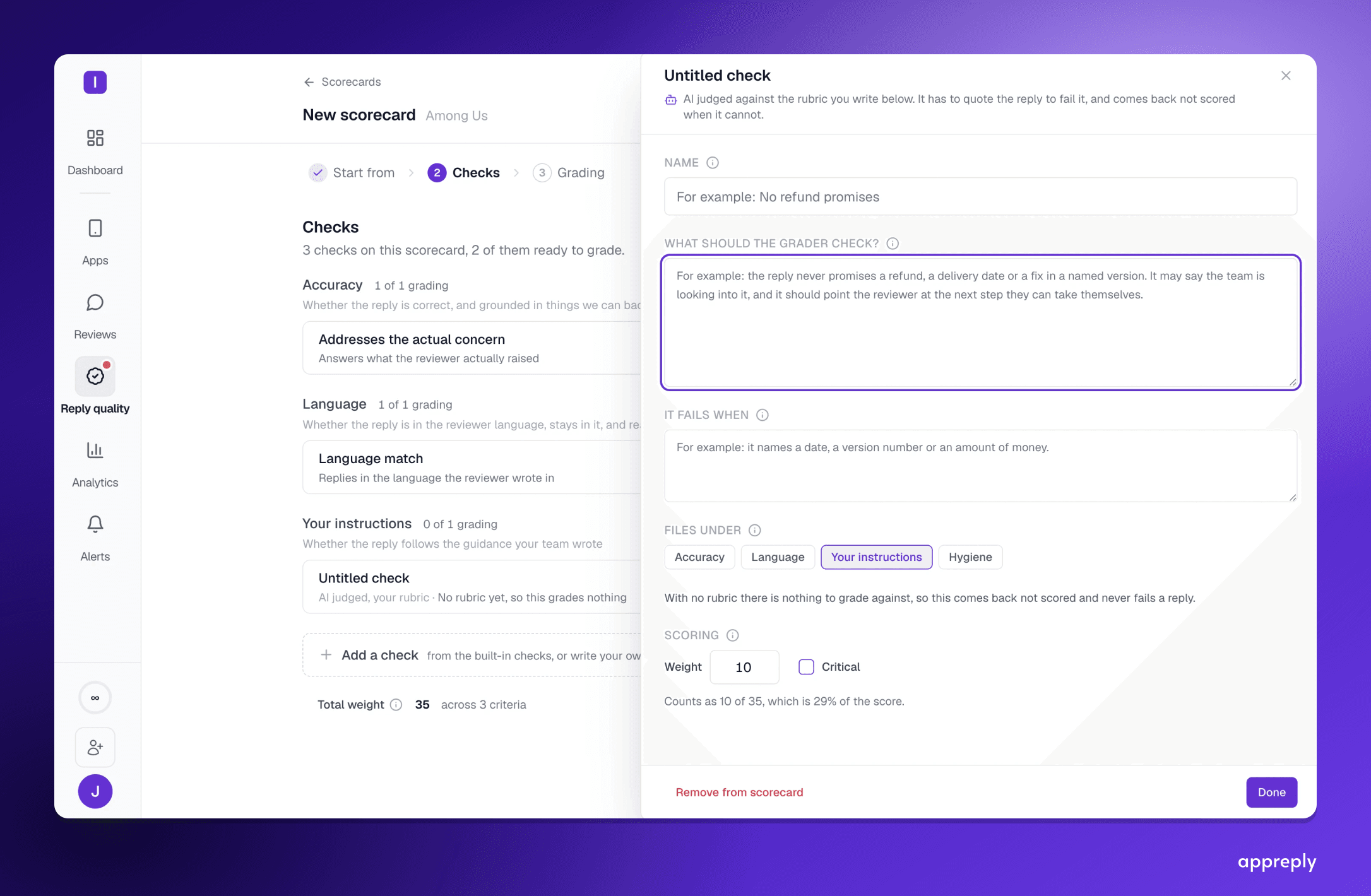 A custom check written in plain words: what the grader should check, what a failure looks like, and whether one failure fails the whole reply.