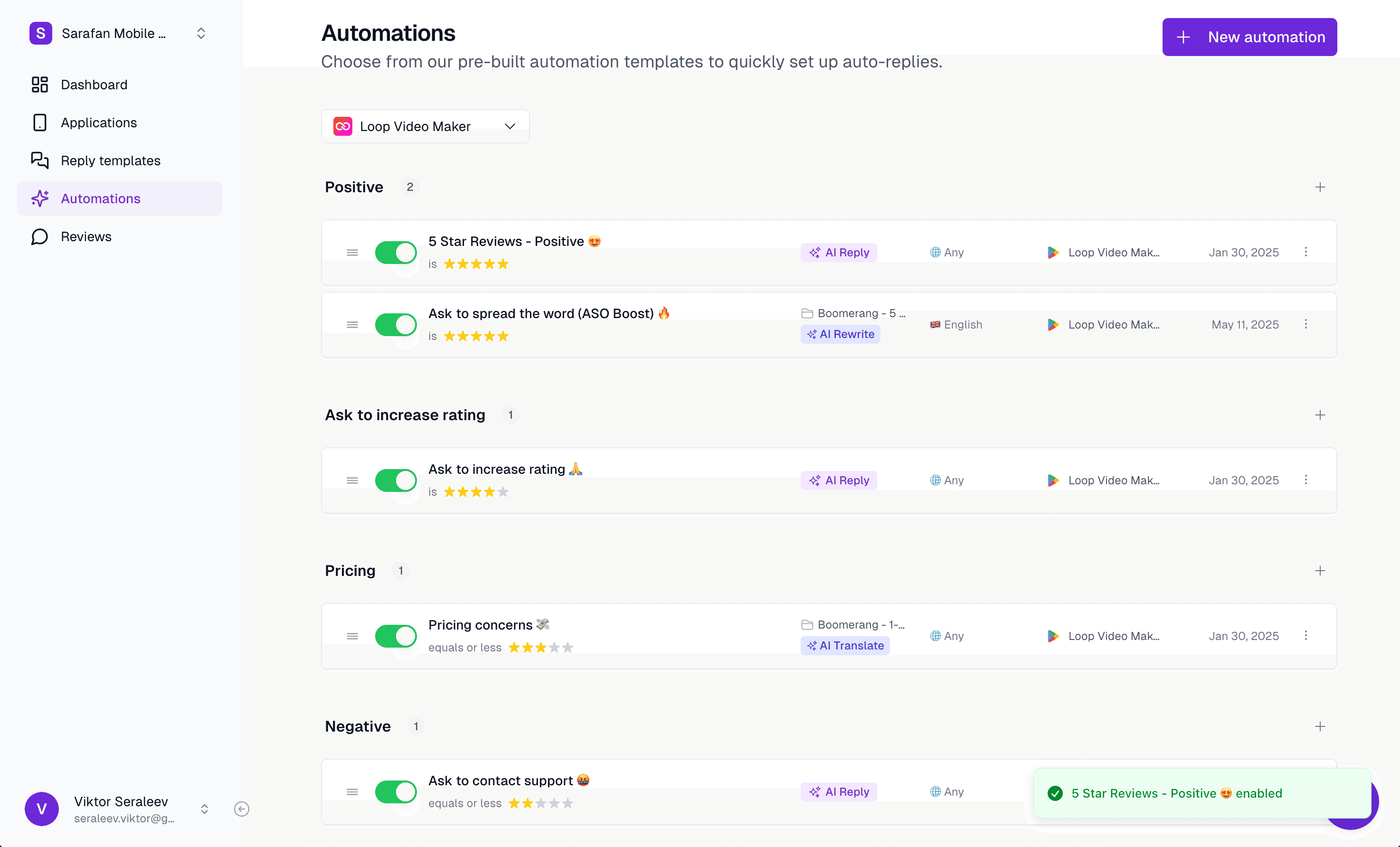 AppReply.co automations screenshot with play button for demo video