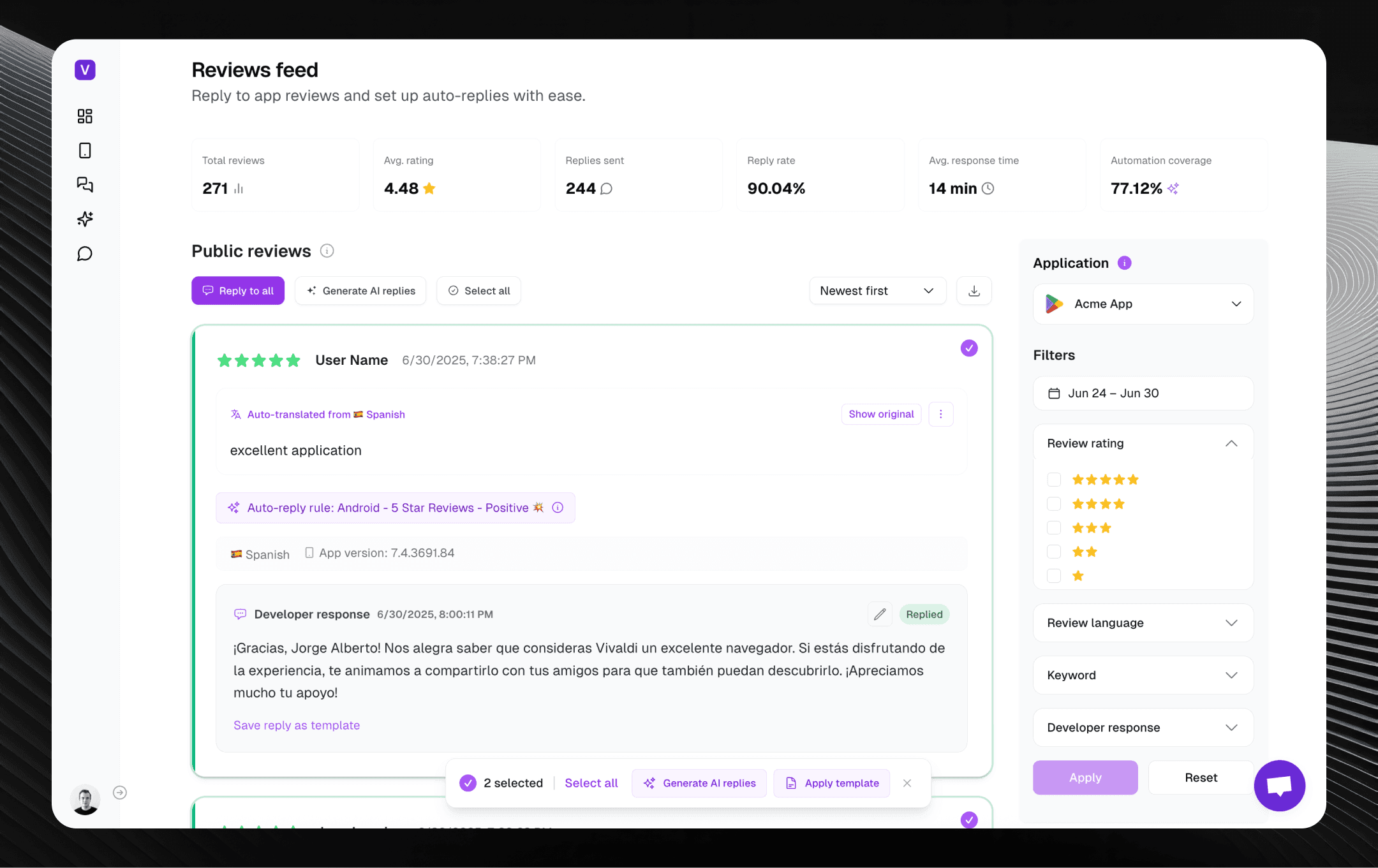 Manage reviews screenshot