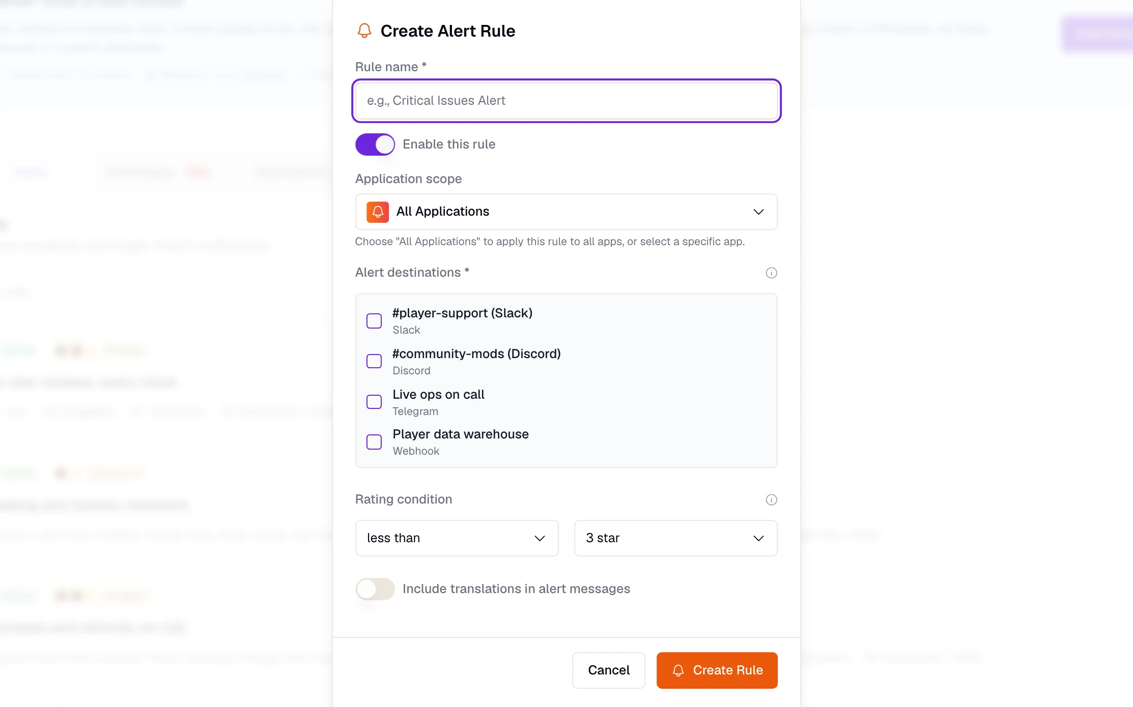 An alert rule being built: the apps it covers, the destinations it can reach across Slack, Discord, Telegram and a webhook, and the rating condition that triggers it.
