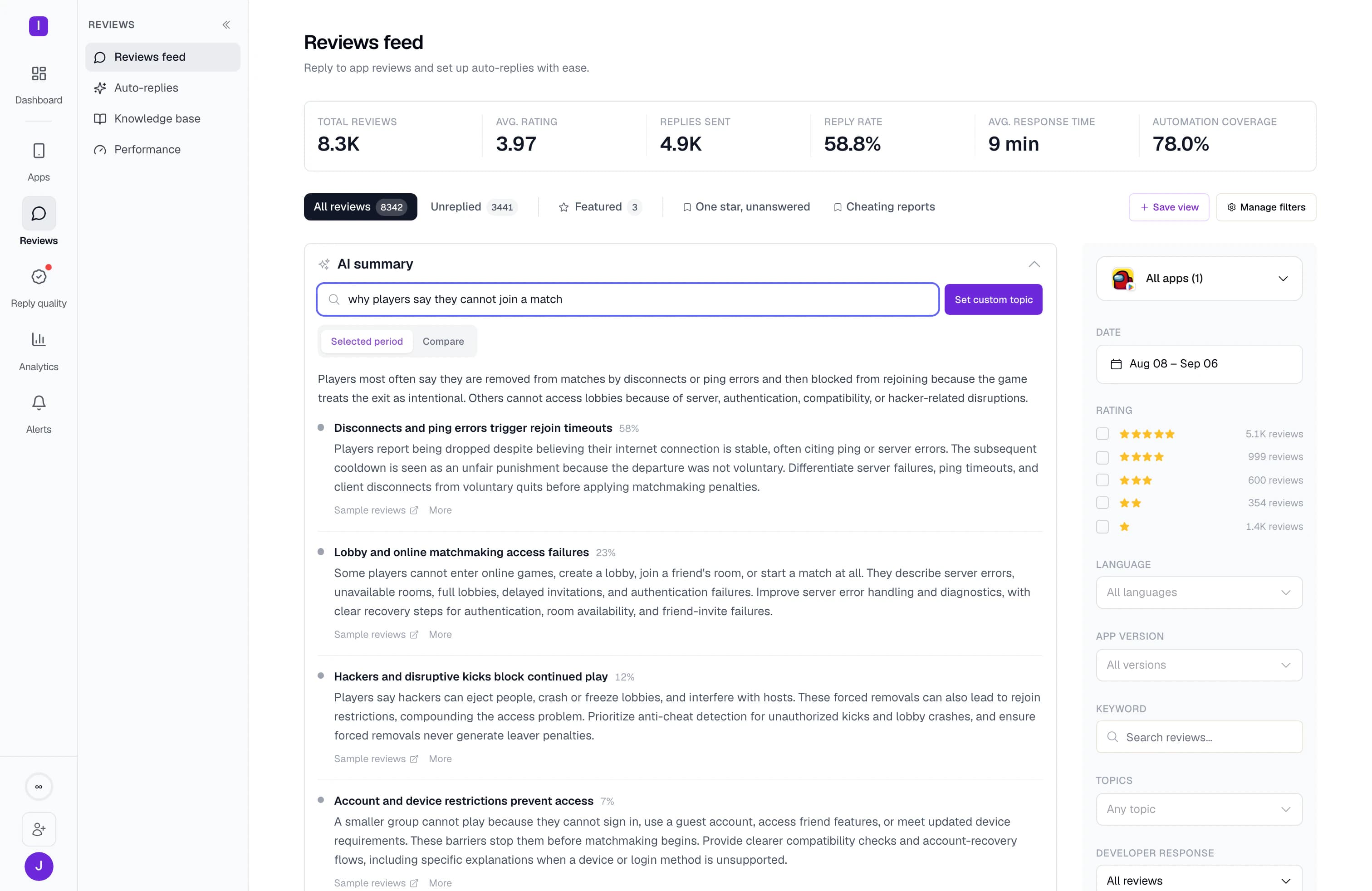 A plain-language question asked of the feed, answered in four themes with the share of reviews behind each and a link to the sample reviews.