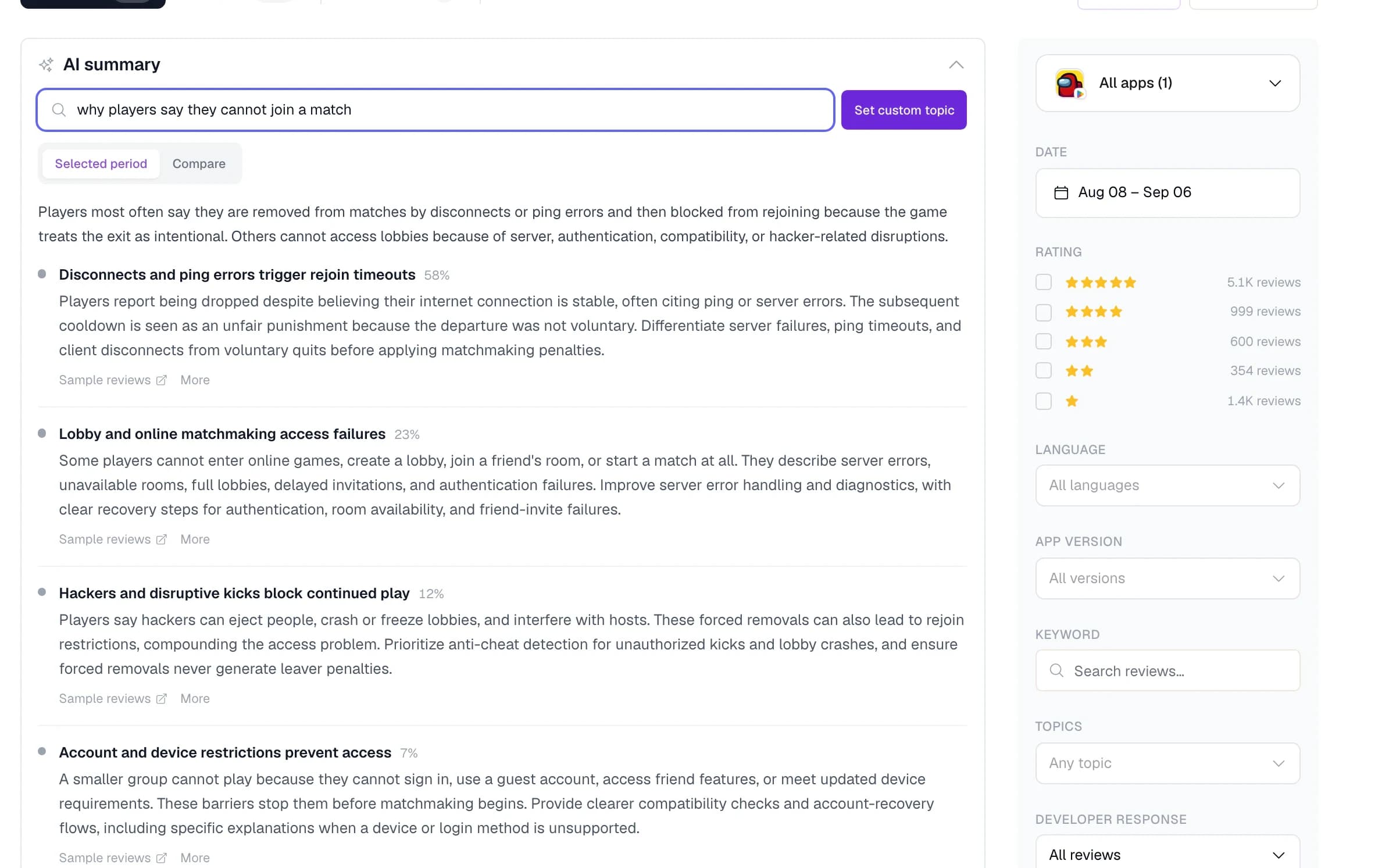 A plain-language question asked of the review feed, answered in four themes with the share of reviews behind each one and a link to the sample reviews under every theme.