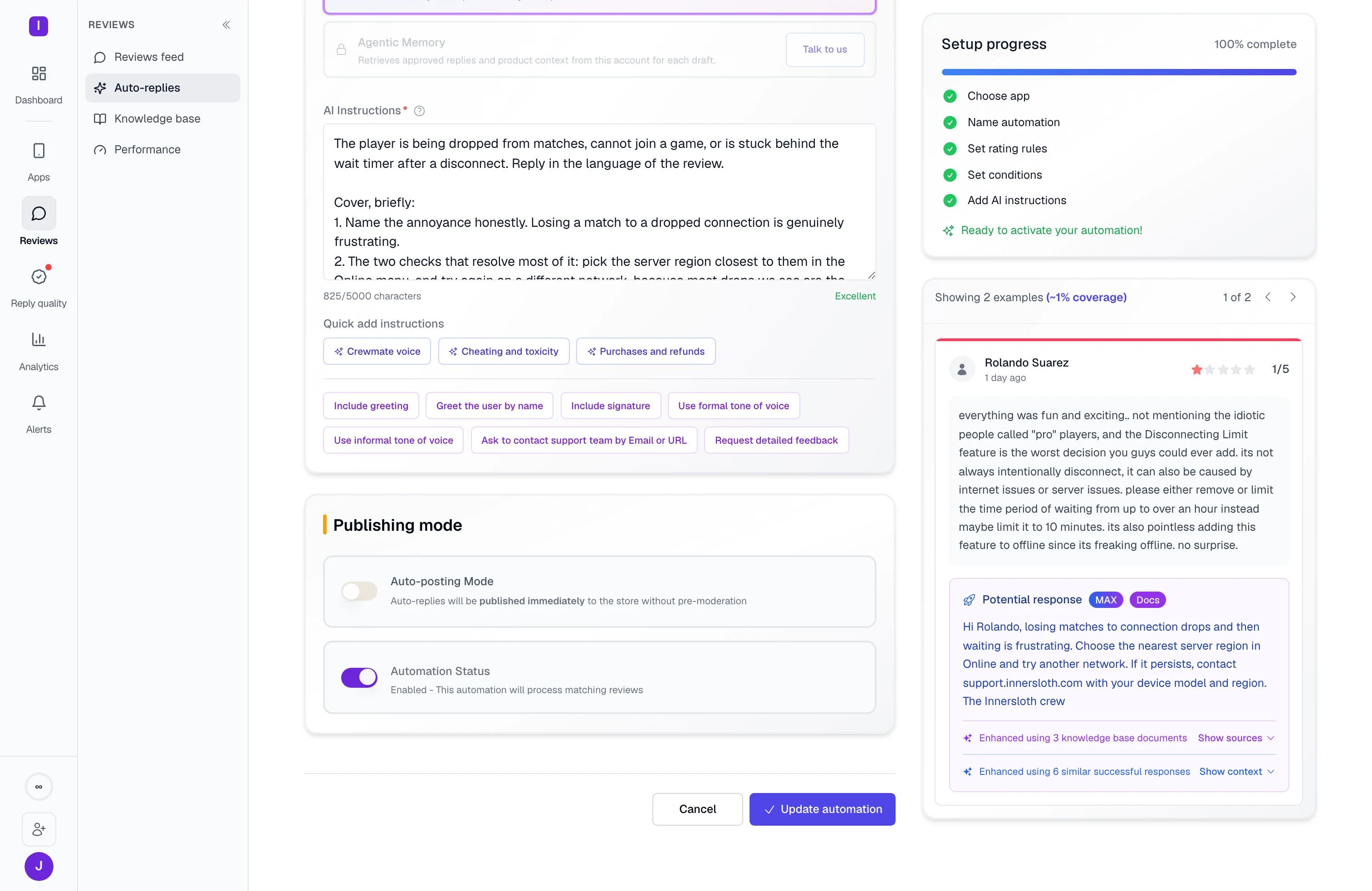 The publishing half of a reply rule: the instructions it writes from, quick-add tone controls, the choice between publishing immediately and holding for approval, and the drafted answer it produced for a one-star review, grounded in three help documents and six past replies.