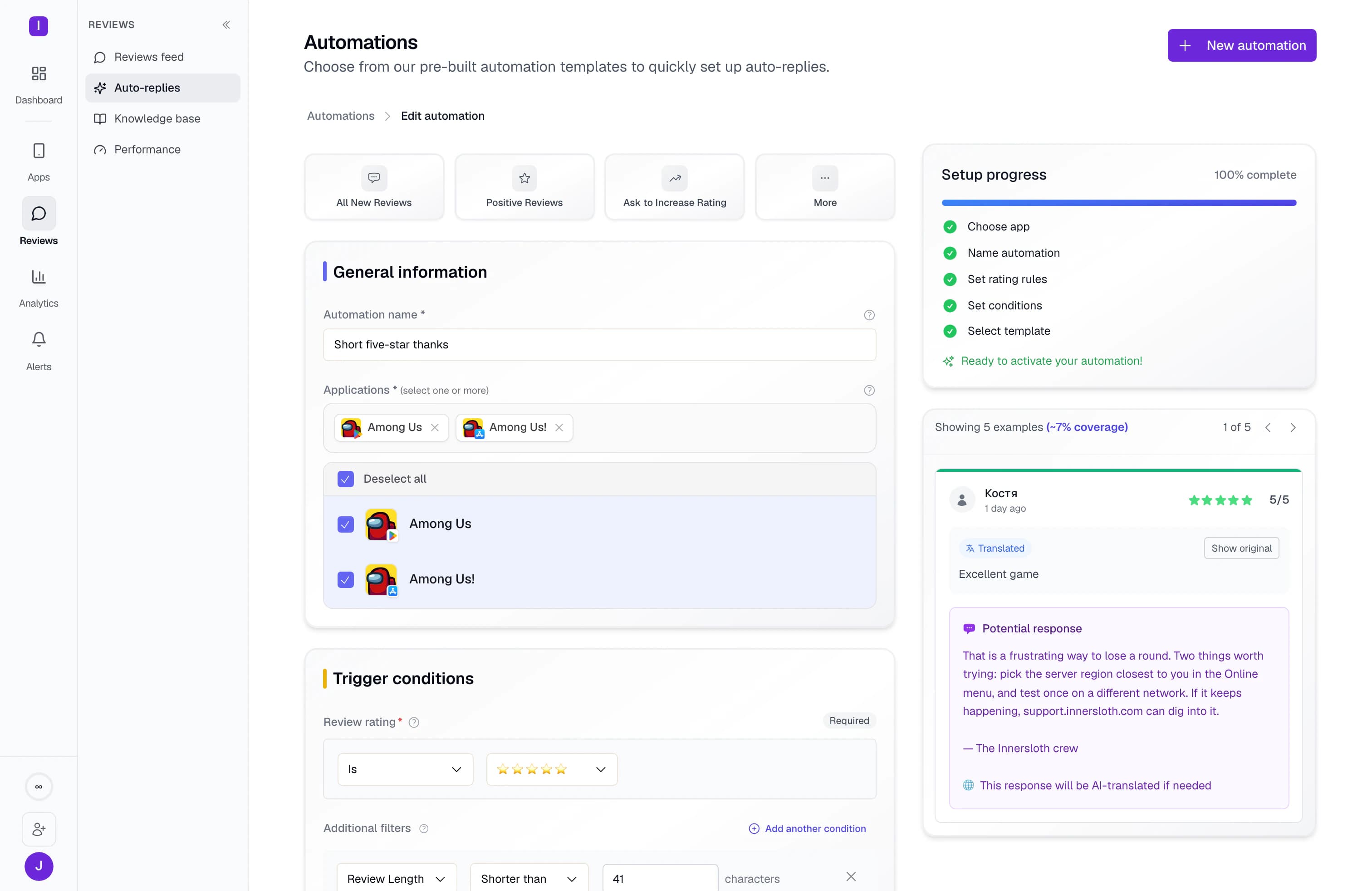 A reply rule in the builder: named, applied to both the iOS and Android listings, with rating and review-length conditions and a preview of the drafted answer beside it.