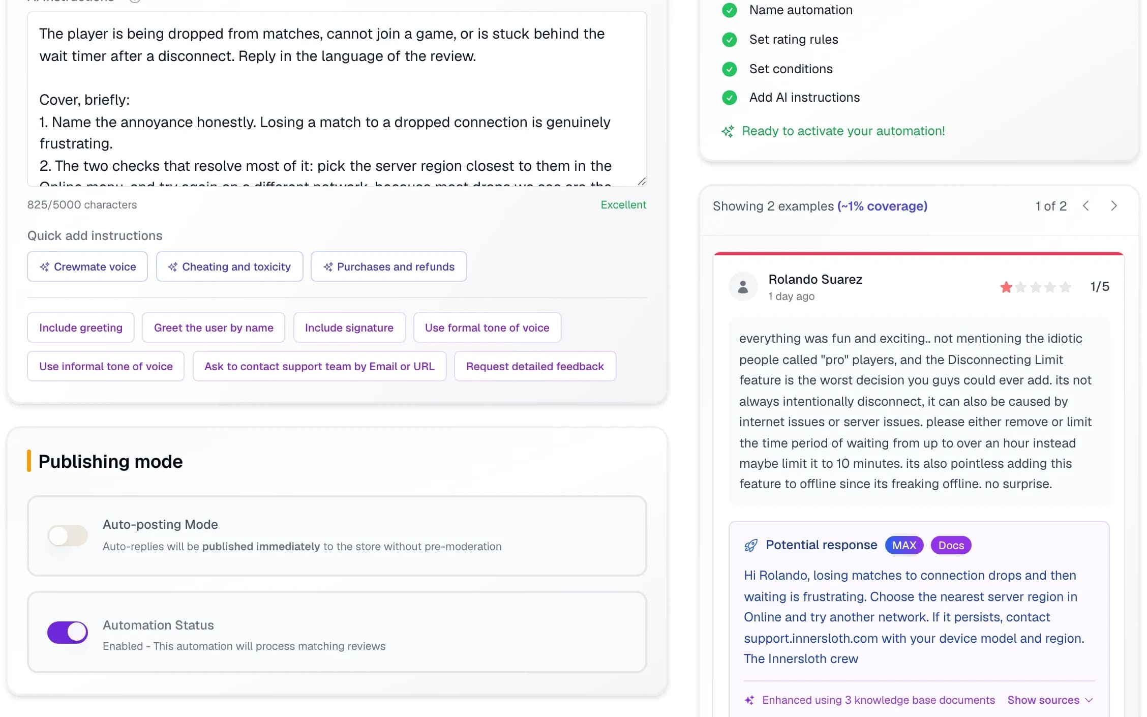A reply rule holding the team’s own instructions, the quick-add tone controls for greeting, signature and formal or informal voice, and the publishing choice underneath, with the rule previewed against a recent one-star review and the answer it drafted from three knowledge base documents.