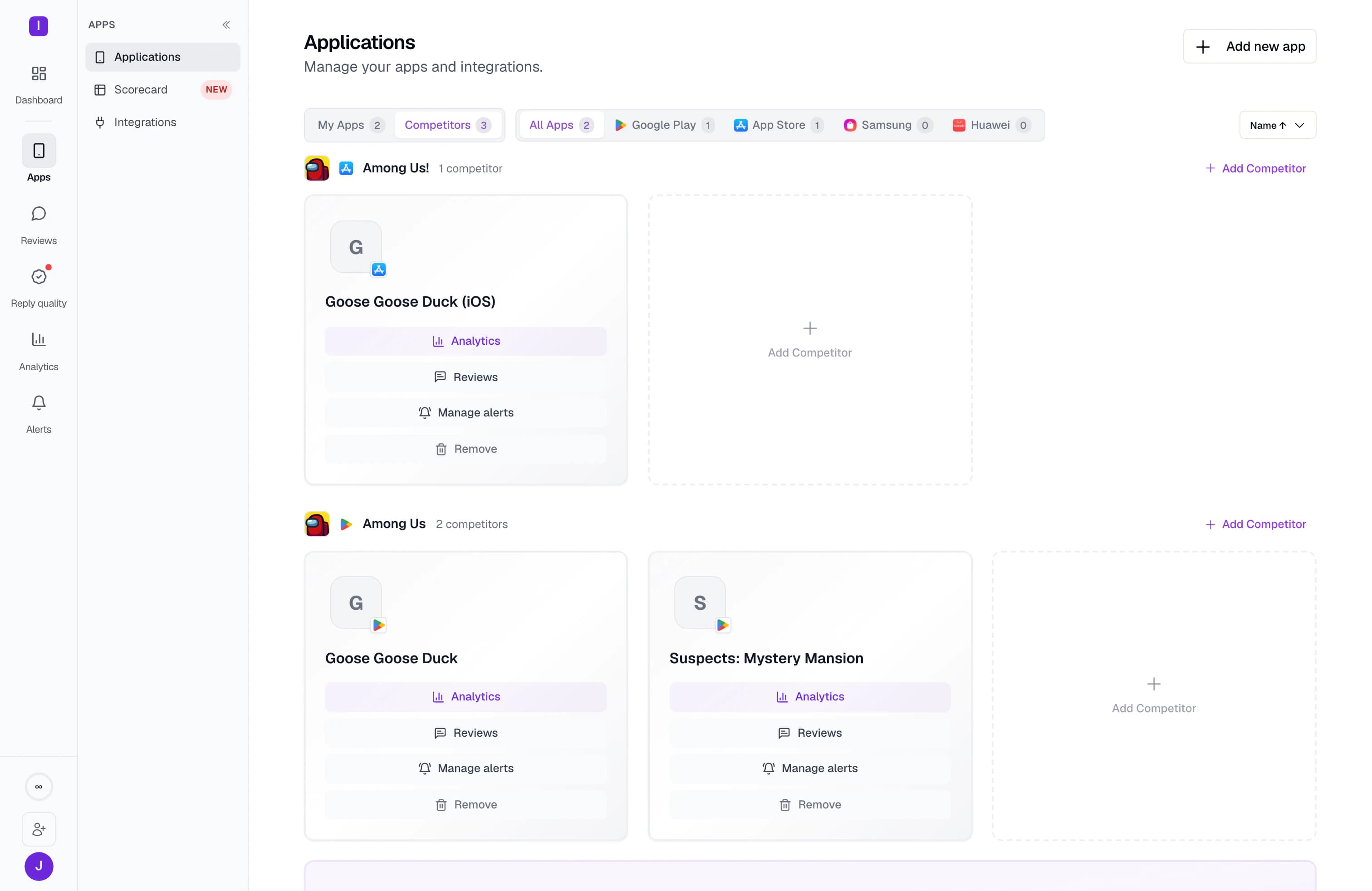 Three competing games attached to the two owned listings, each with its own analytics, reviews and alert routing.