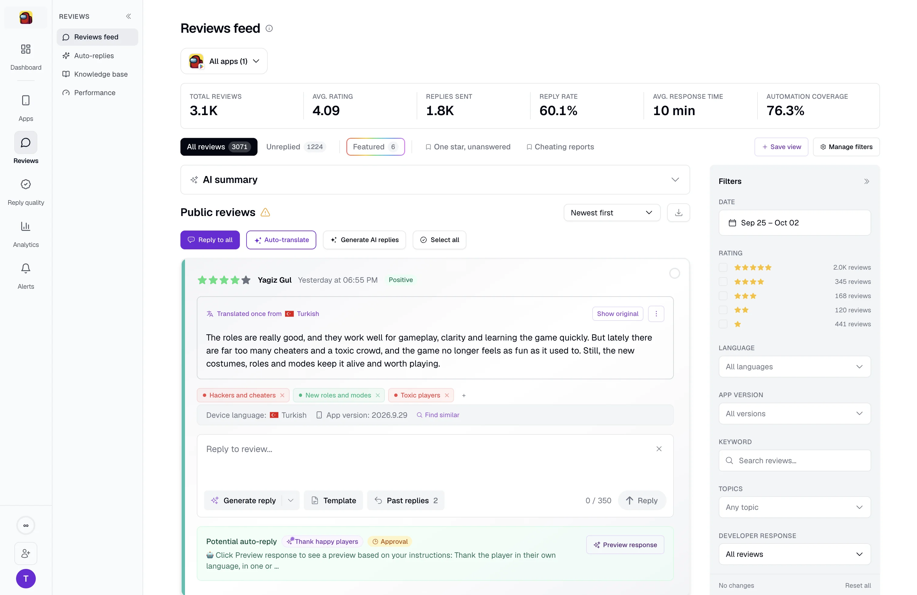 The reviews feed: 3,071 reviews at a 60% reply rate, saved views as tabs, and a Turkish review translated in place with its topics attached and past replies one click away.