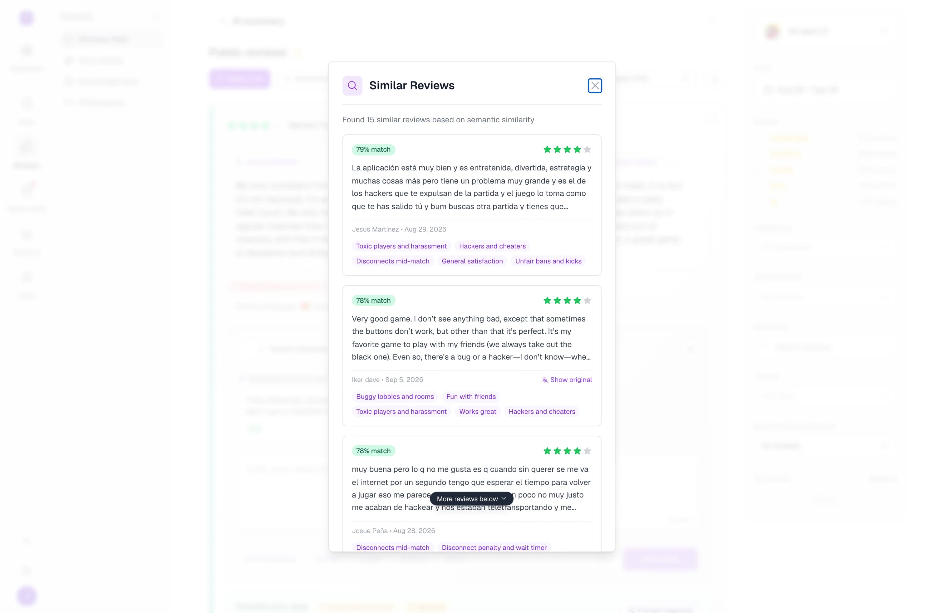 Fifteen reviews found from one complaint by semantic similarity, each scored for how closely it matches and carrying the topics it shares.