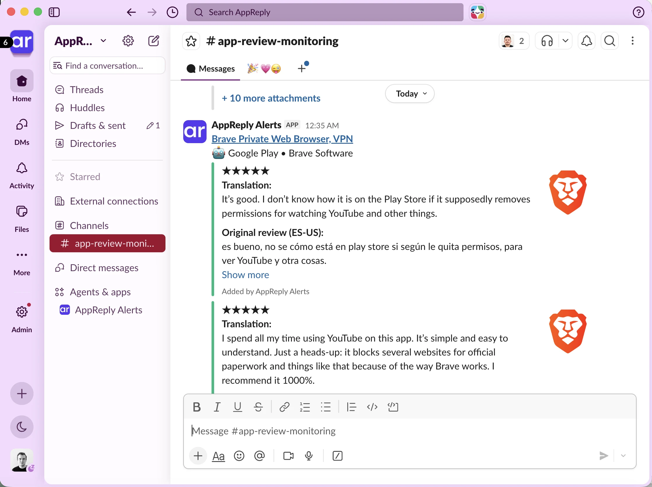 The #app-review-monitoring Slack channel, where AppReply Alerts posts each new Brave review from Google Play translated into English above its Spanish original.