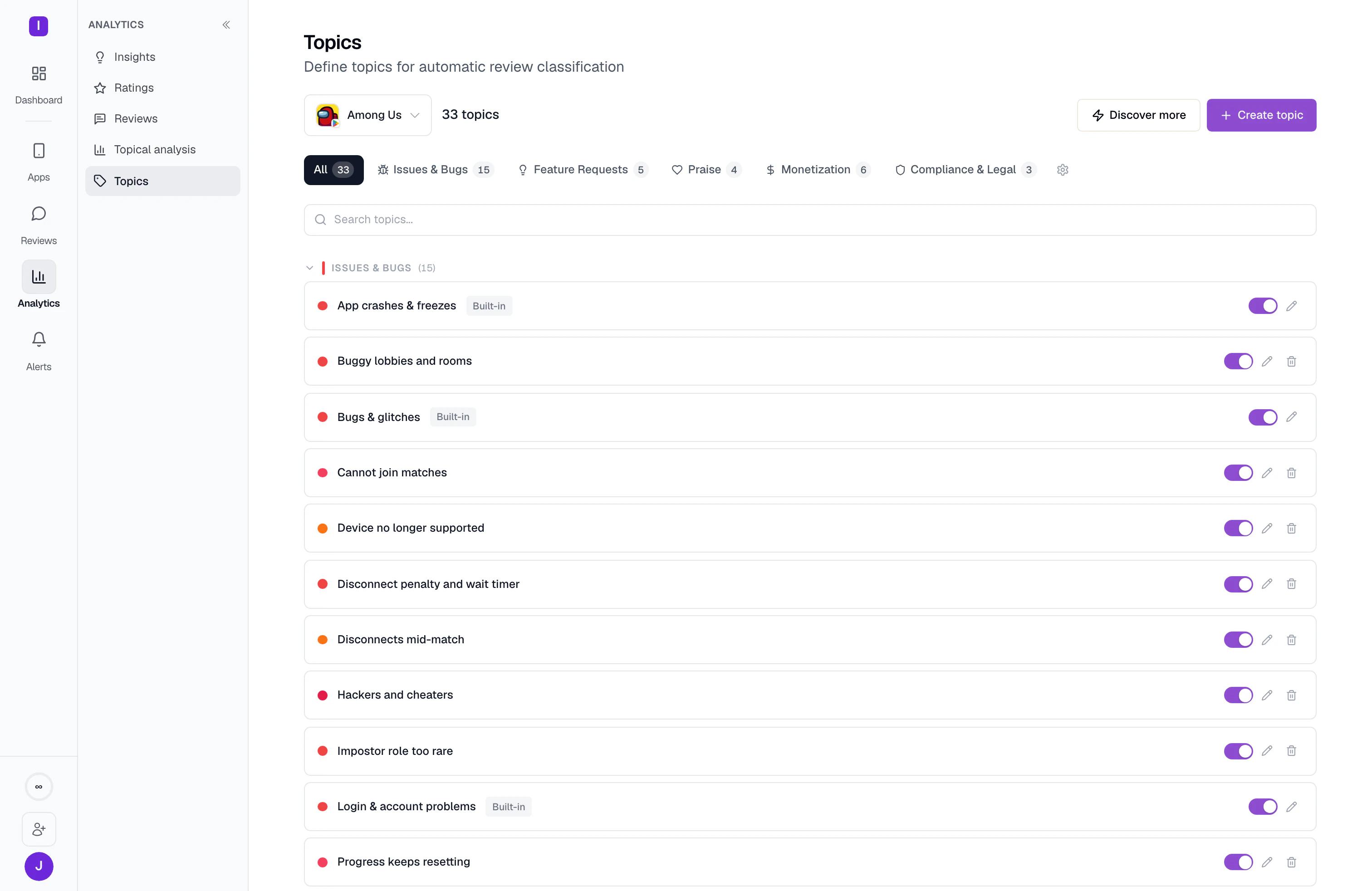 Thirty-three review topics in one manager, the team’s own ones such as buggy lobbies and cannot join matches sitting beside the built-in set, each with its own toggle.
