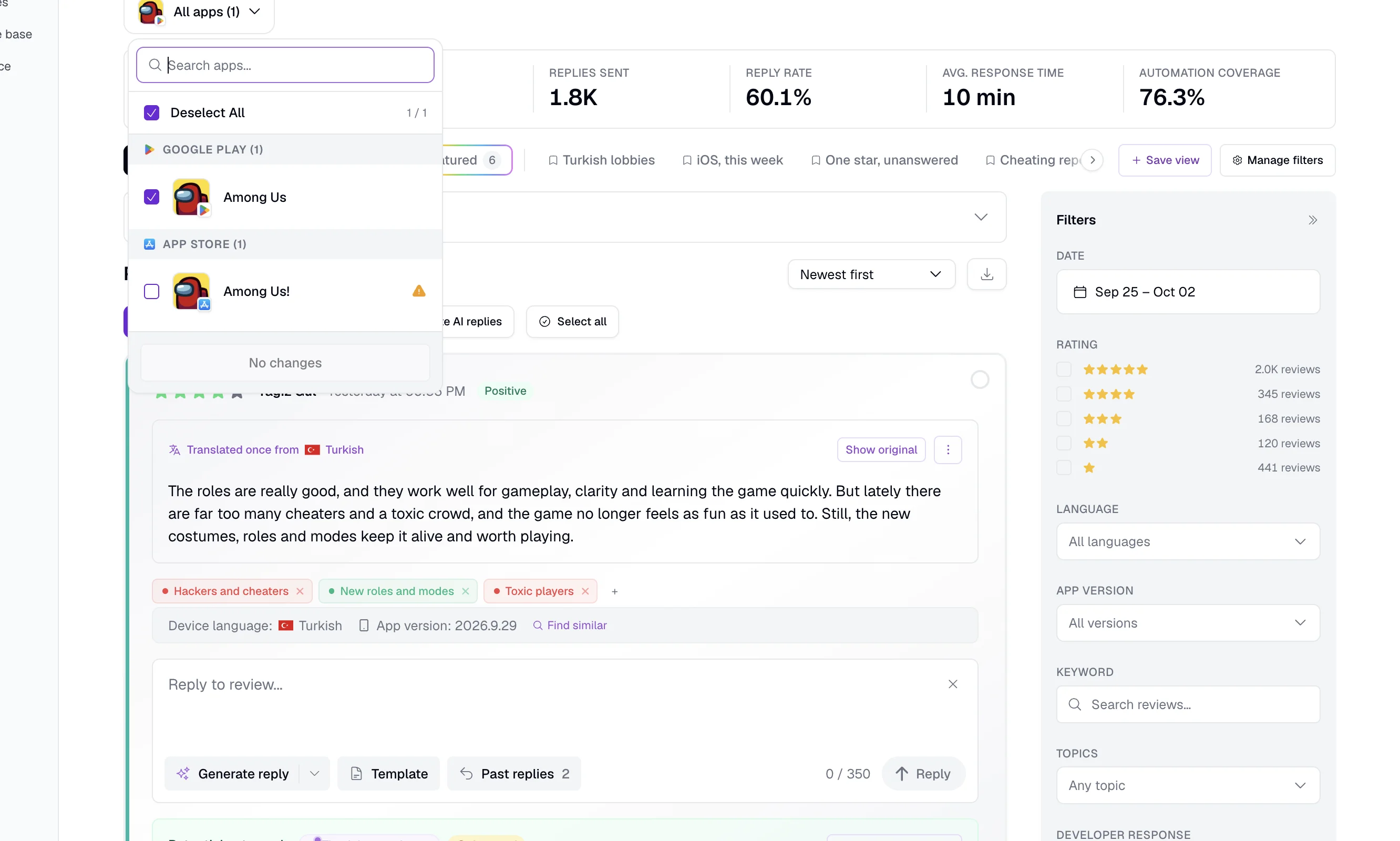 The reviews feed with the app picker open, listing the Google Play and App Store versions of one game separately, beside a four-star review translated from Turkish.