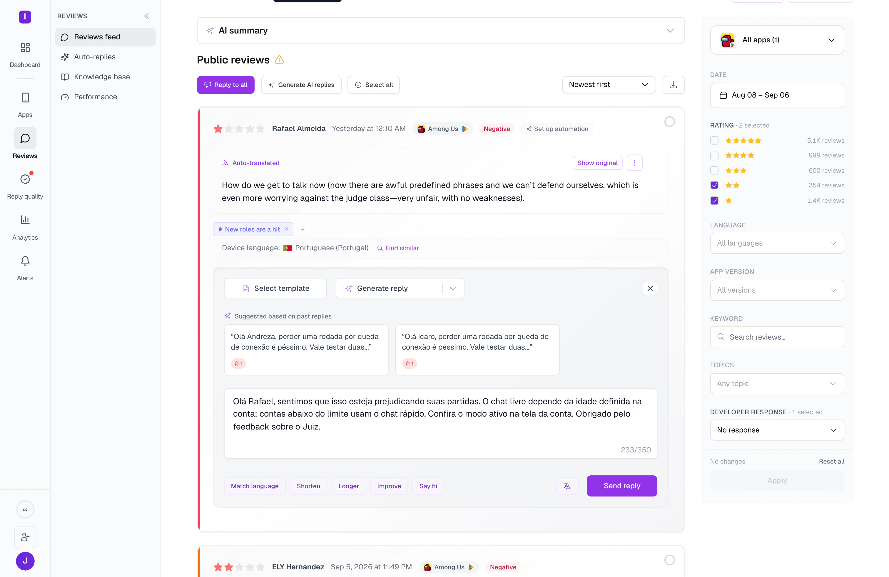 A Portuguese one-star review translated in place, with the drafted reply below it, the past replies it was built from, and the feed filters on the right.