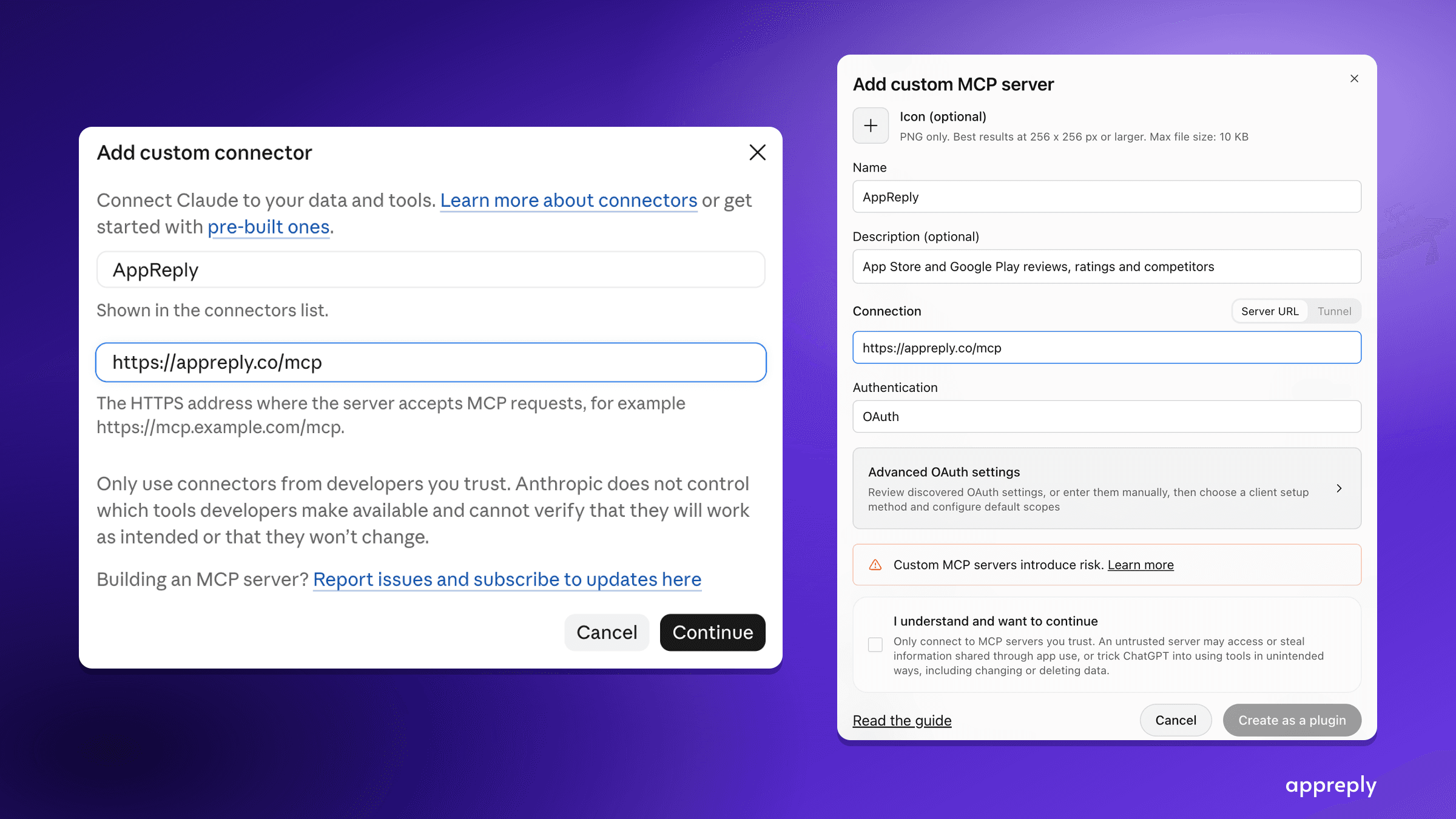 The same address goes into both: a custom connector in Claude, a custom MCP server in ChatGPT.