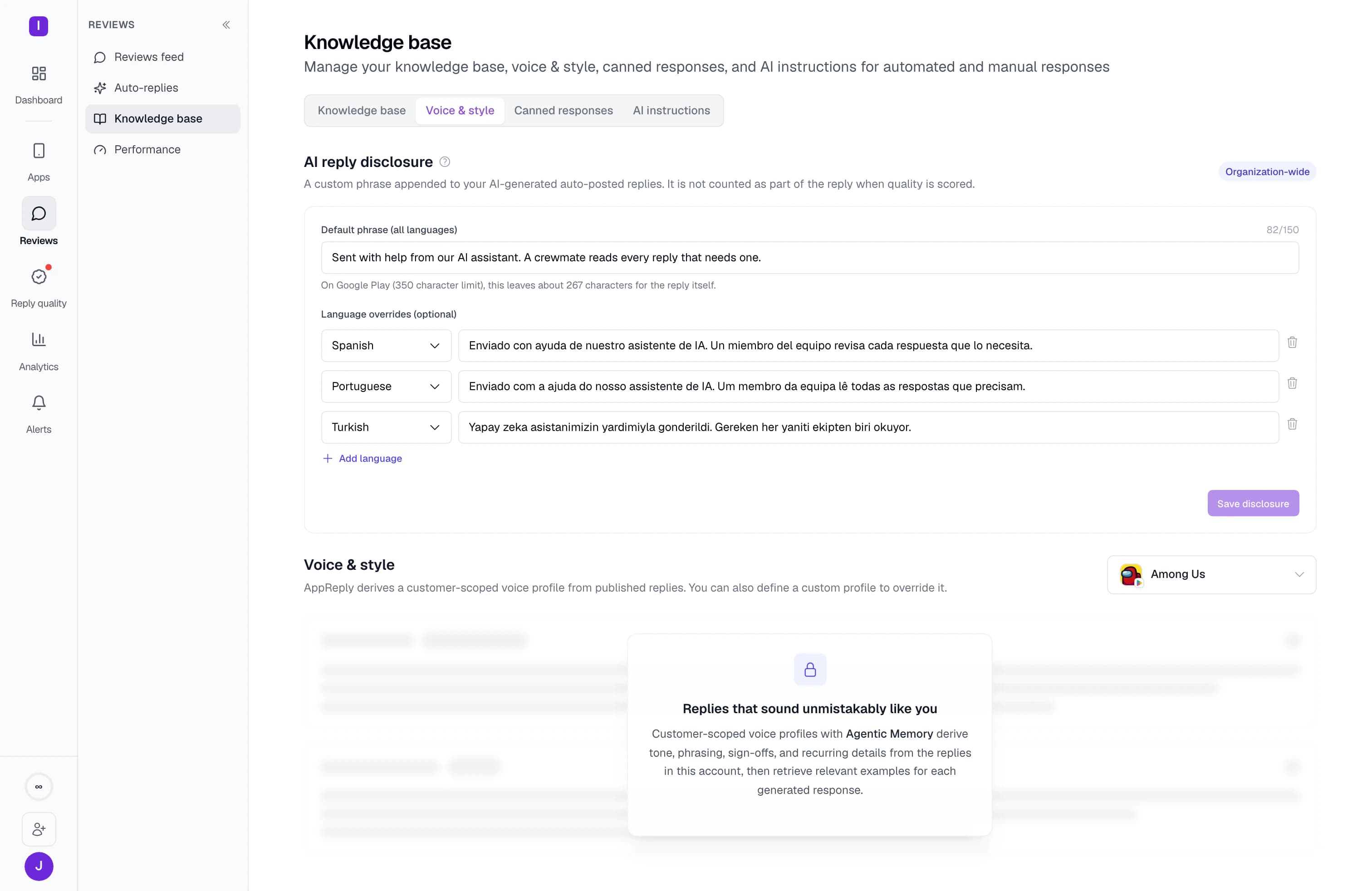 Disclosure settings for auto-published replies: the default phrase against the Google Play character budget, with Spanish, Portuguese and Turkish wordings set underneath.