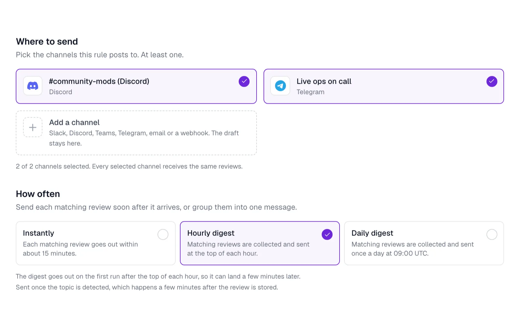 Where an alert rule sends and how often: a Discord channel and a Telegram chat, with the rule set to an hourly digest instead of instant alerts or a daily digest at 09:00 UTC.