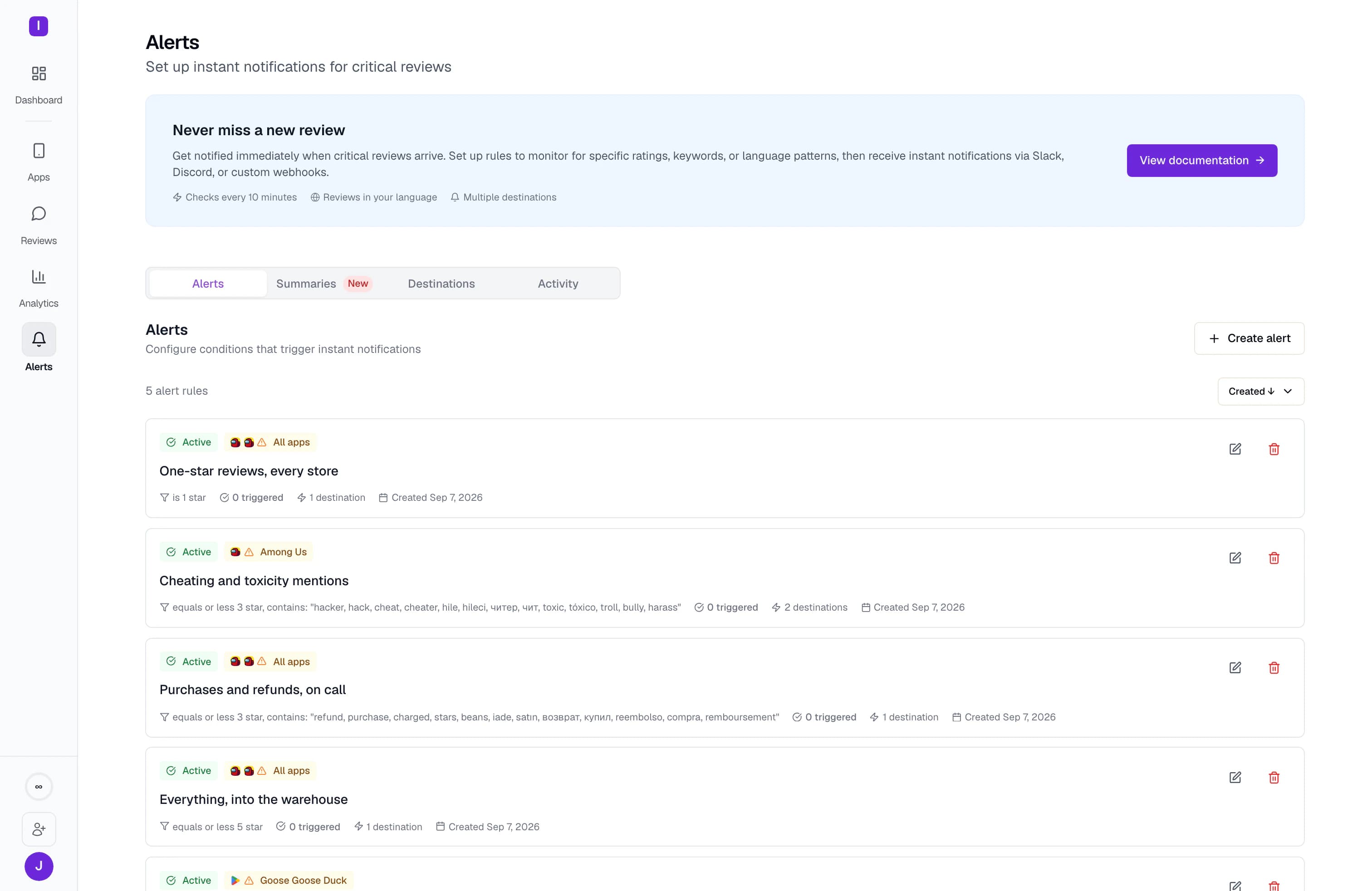 Five alert rules: one-star reviews across every store, cheating and toxicity mentions, purchases and refunds, each with the apps it watches, the words it matches, and how many destinations it reaches.