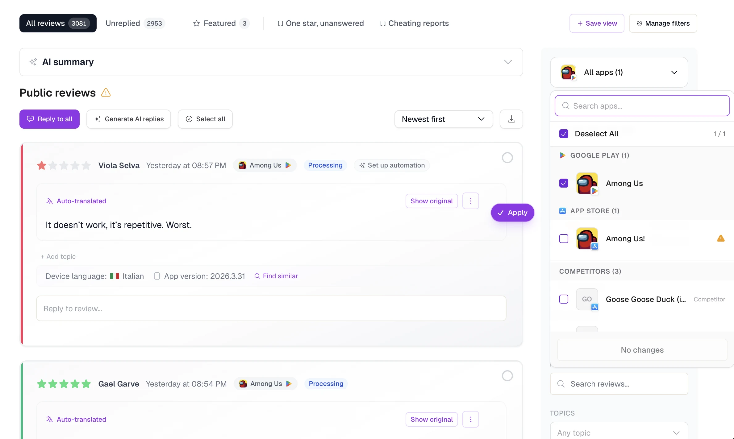 The app selector open over the reviews feed, listing the Google Play and App Store listings separately with competitors underneath, above the rating, language, version and topic filters.