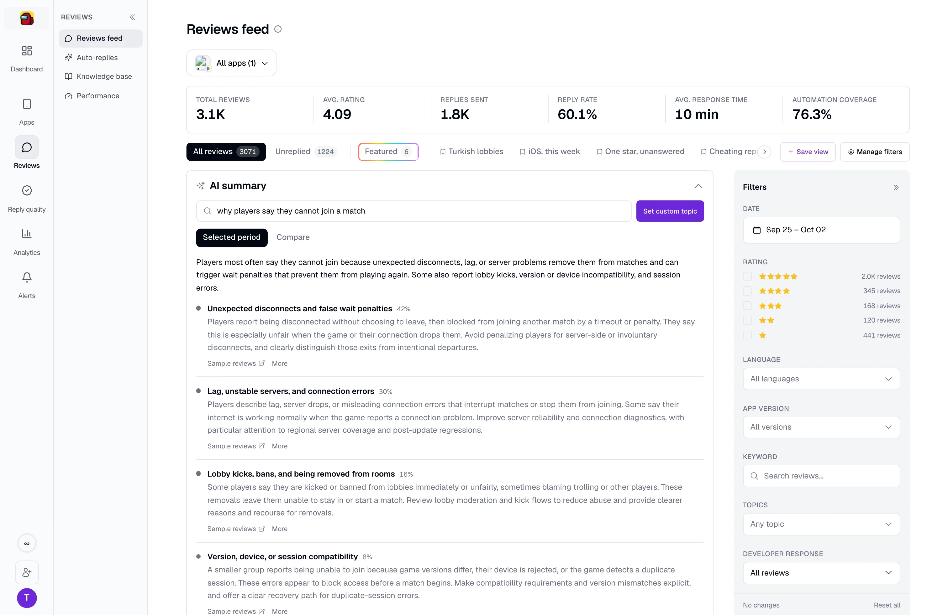 A plain-language question asked of the feed, answered in four themes with the share of reviews behind each and a link to the sample reviews.