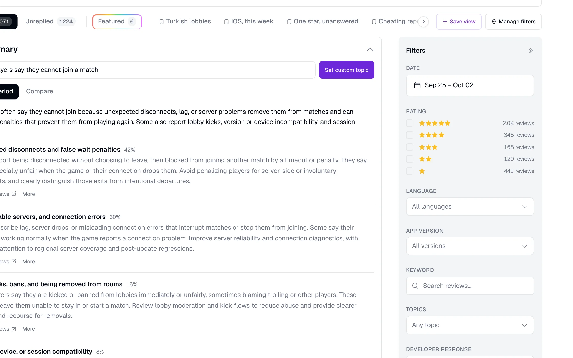A plain-language question asked of the review feed, answered in four themes with the share of reviews behind each one and a link to the sample reviews under every theme.
