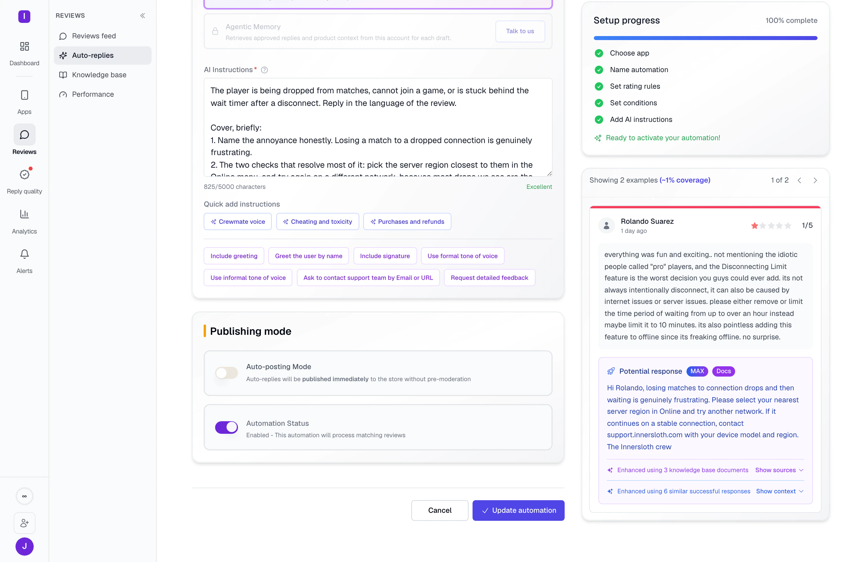 A reply rule holding its AI instructions and publishing mode, with a one-star review beside it and the drafted answer built from three knowledge base documents and six past replies.
