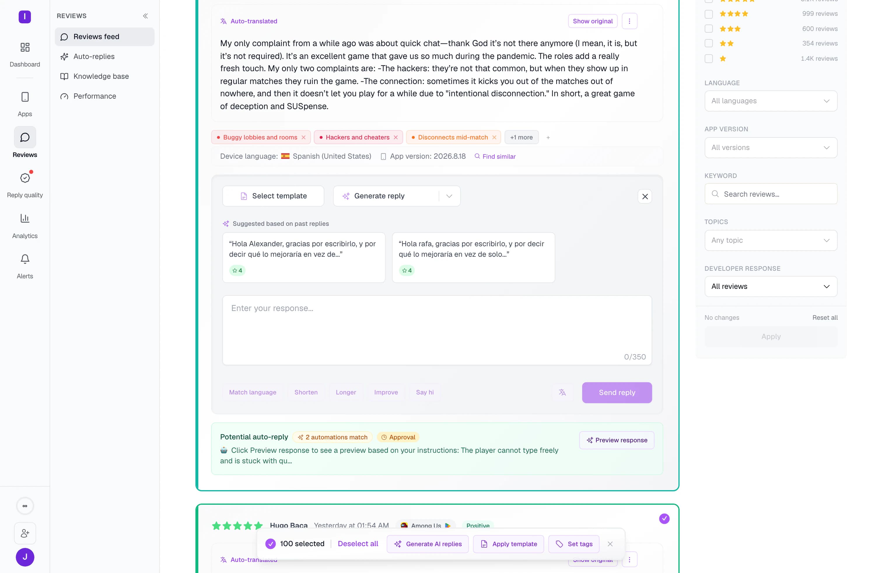 A hundred reviews selected at once, with the bulk bar offering generate AI replies, apply template and set tags across the whole selection.