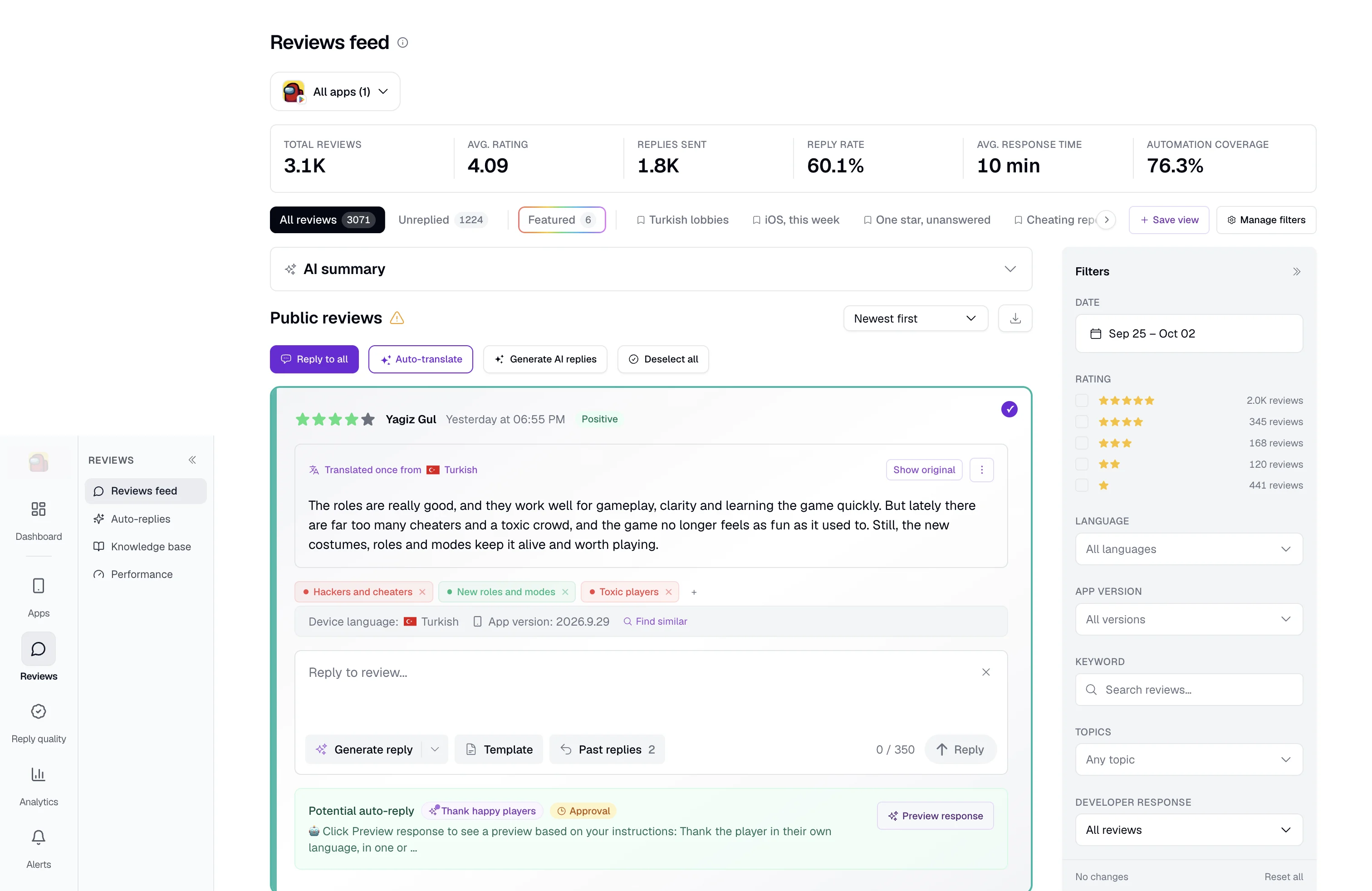 A hundred reviews selected at once, with the bulk bar offering generate AI replies, apply template and set tags across the whole selection.