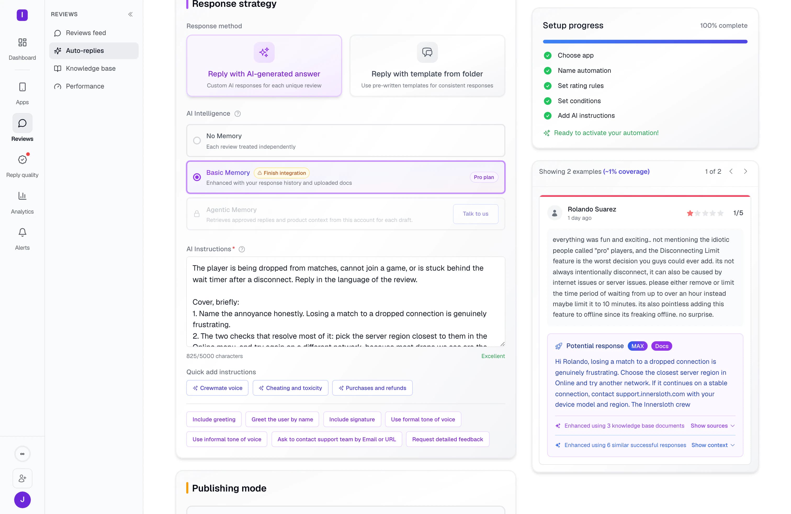 The context behind one draft: the response strategy, the instructions it follows, and the answer it produced, marked as enhanced using three knowledge base documents and six similar past replies.