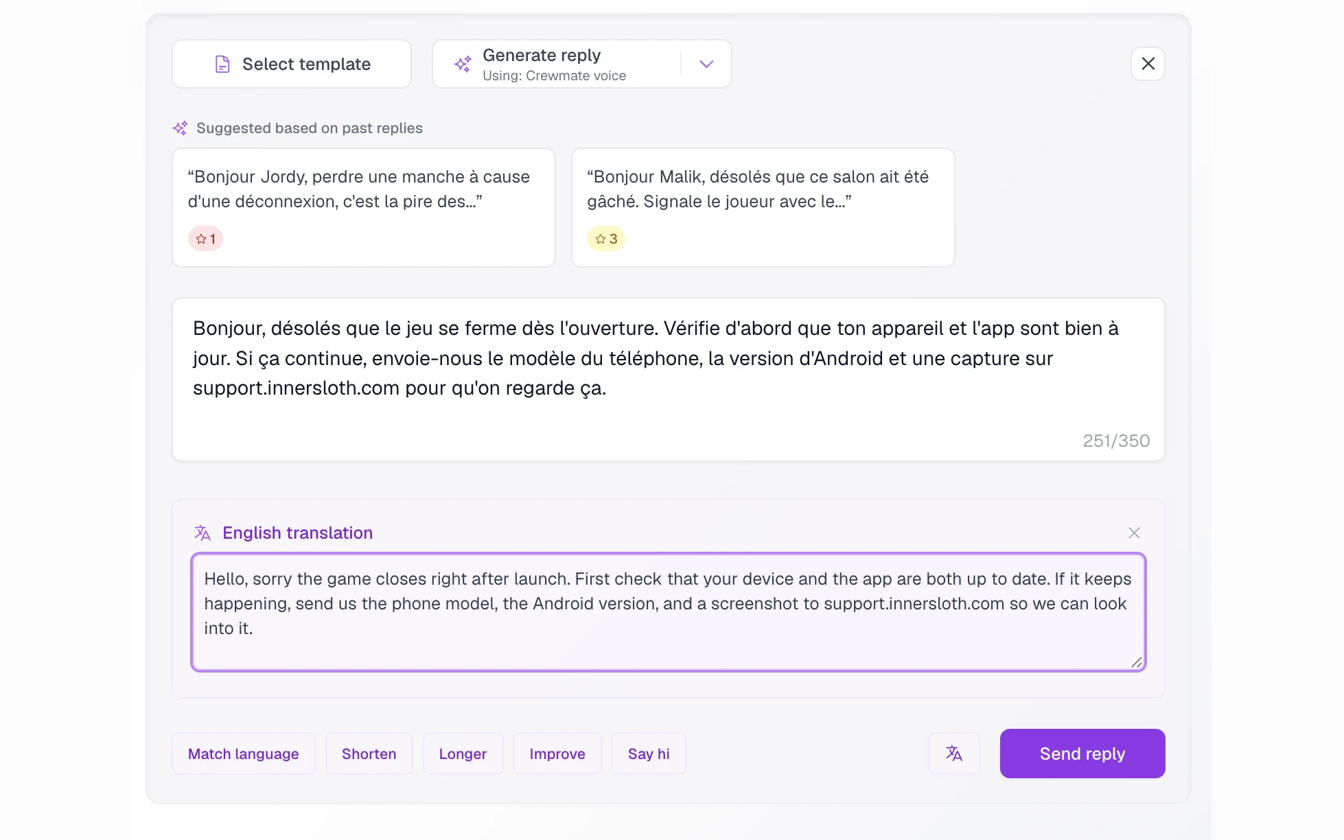 A French draft reply with its English translation open underneath, beside the suggestions it drew on and the send control.