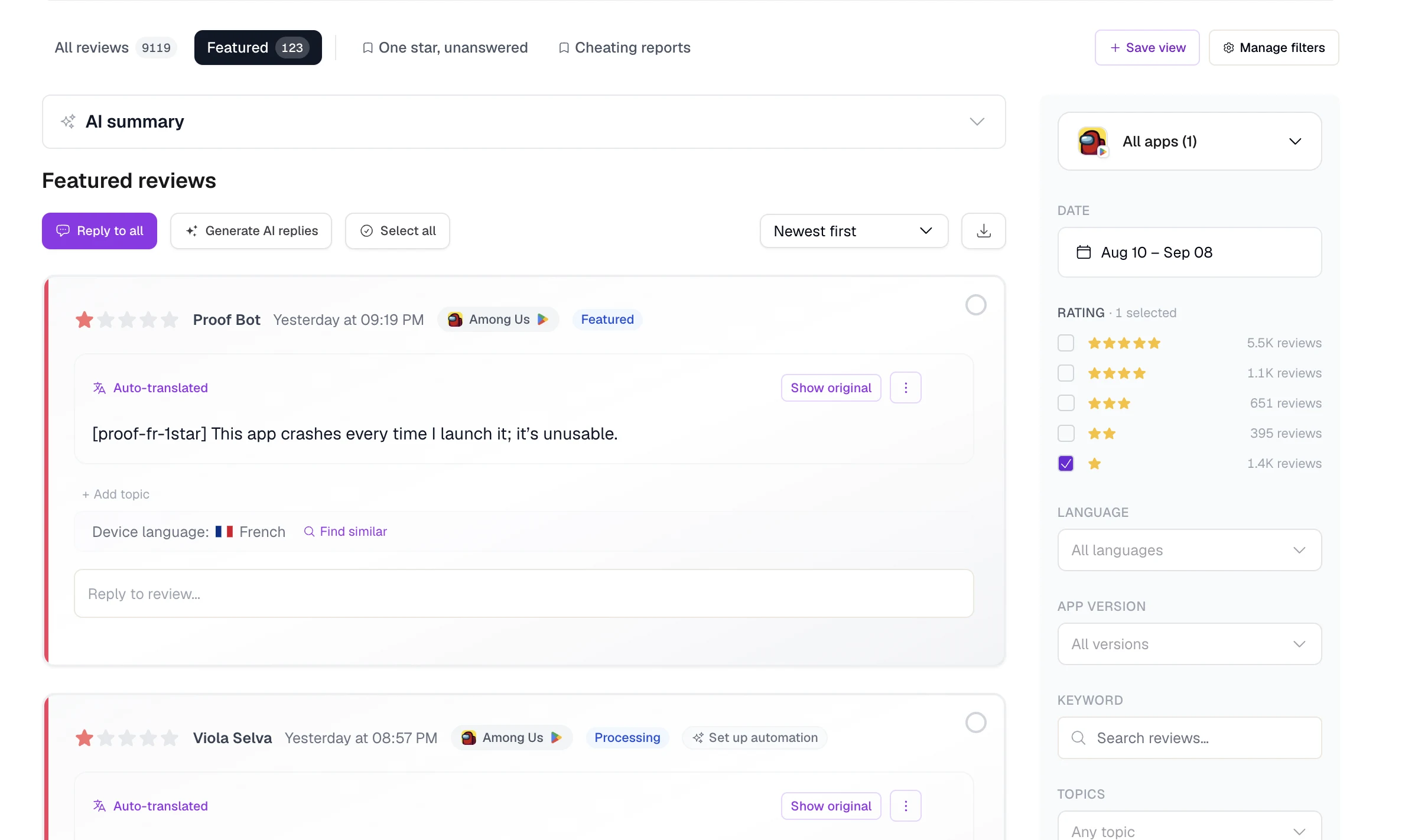 The reviews feed on its Featured tab: 123 featured reviews, each carrying the featured marker beside its app, language and rating.