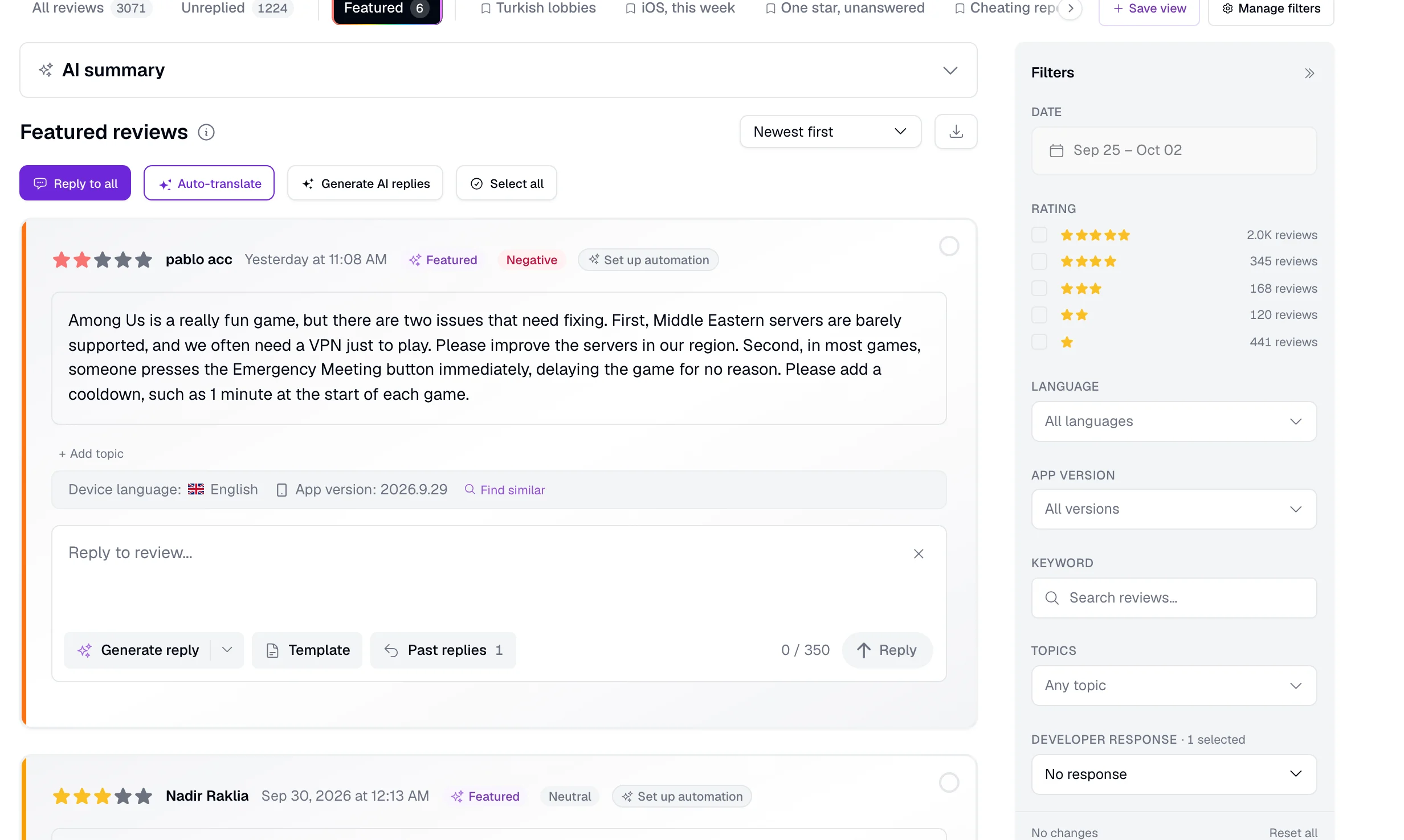 The reviews feed on its Featured tab: 123 featured reviews, each carrying the featured marker beside its app, language and rating.