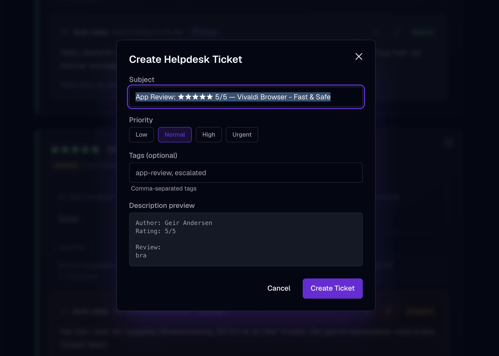 The ticket a review becomes: the subject carrying the app and the review’s rating, a priority, tags, and the description preview with the author, rating and review text that goes to the helpdesk.