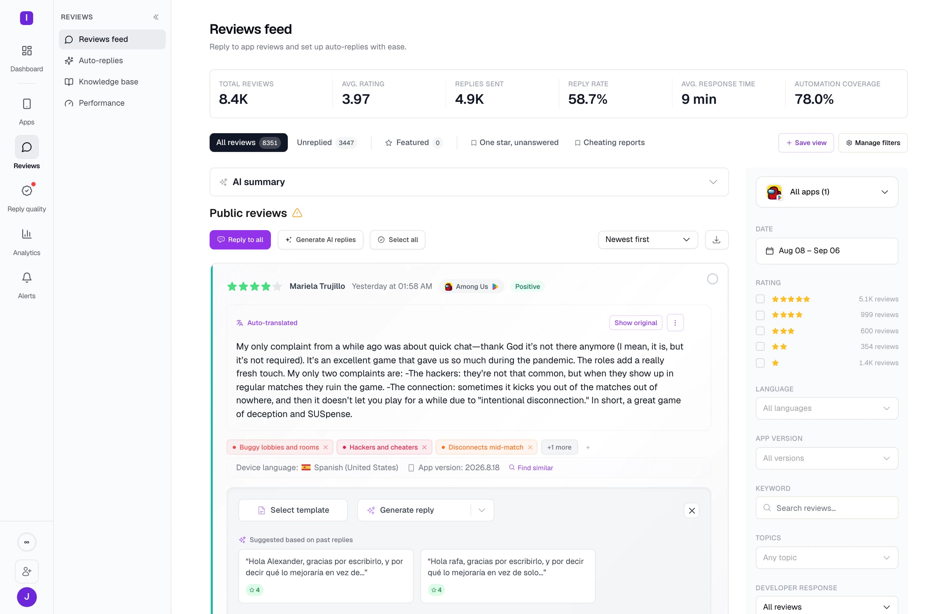 One reviews feed over thirty days: saved views as tabs, the filter rail, and each review carrying its store, country and version.