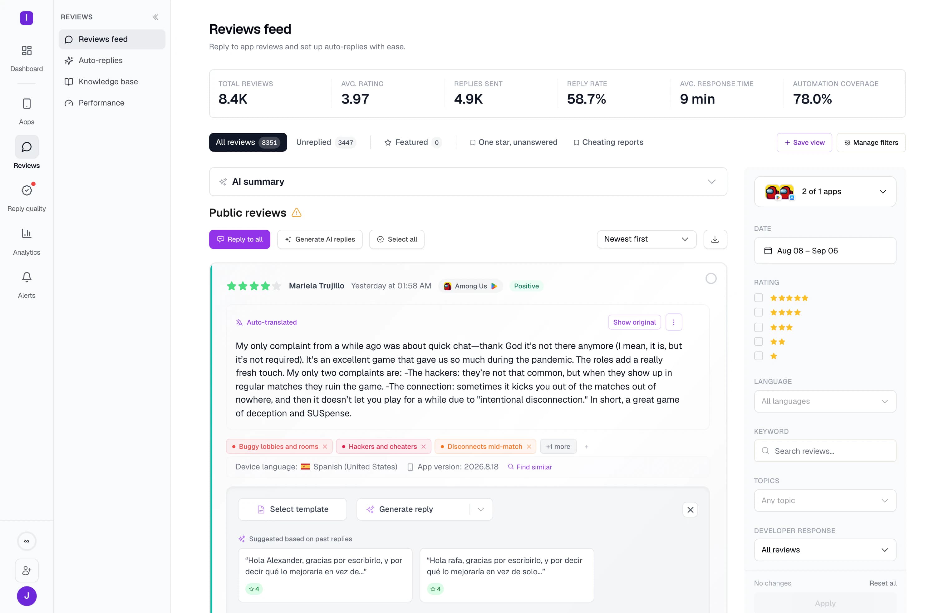 One reviews feed across both store listings: 8,351 reviews, saved views as tabs, and each review carrying its store, country and version.