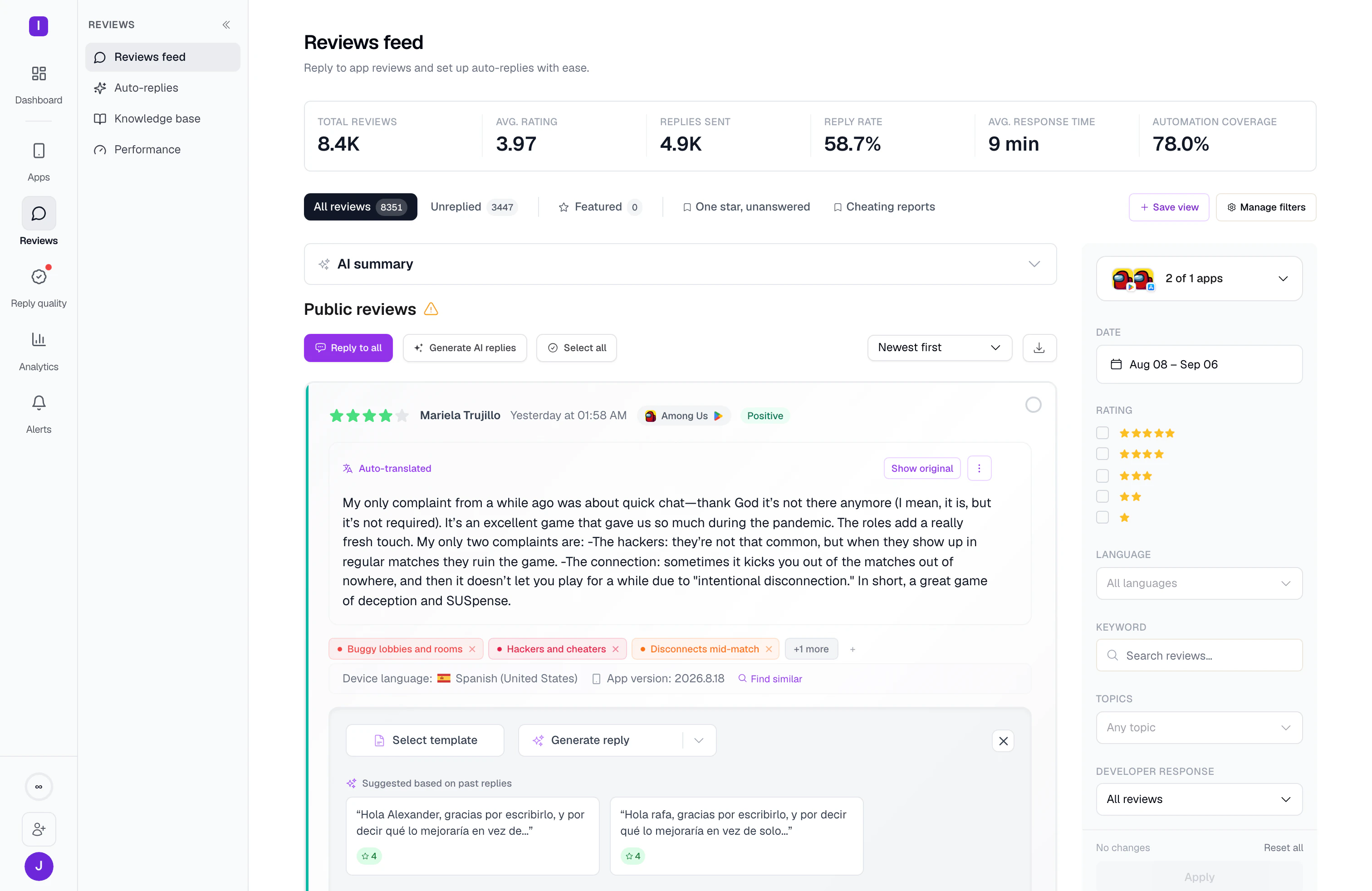 One reviews feed carrying both store listings for the same game: 8,351 reviews, a 58.7% reply rate, saved views as tabs, and a Spanish review auto-translated with its topics attached.