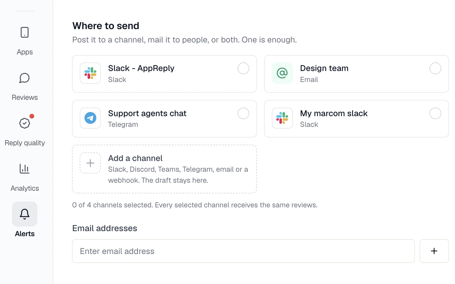 The destination picker: a Slack channel, a Telegram support line, a team email address and a second Slack workspace, with the option to add Discord, Teams, another Slack, email or a webhook.