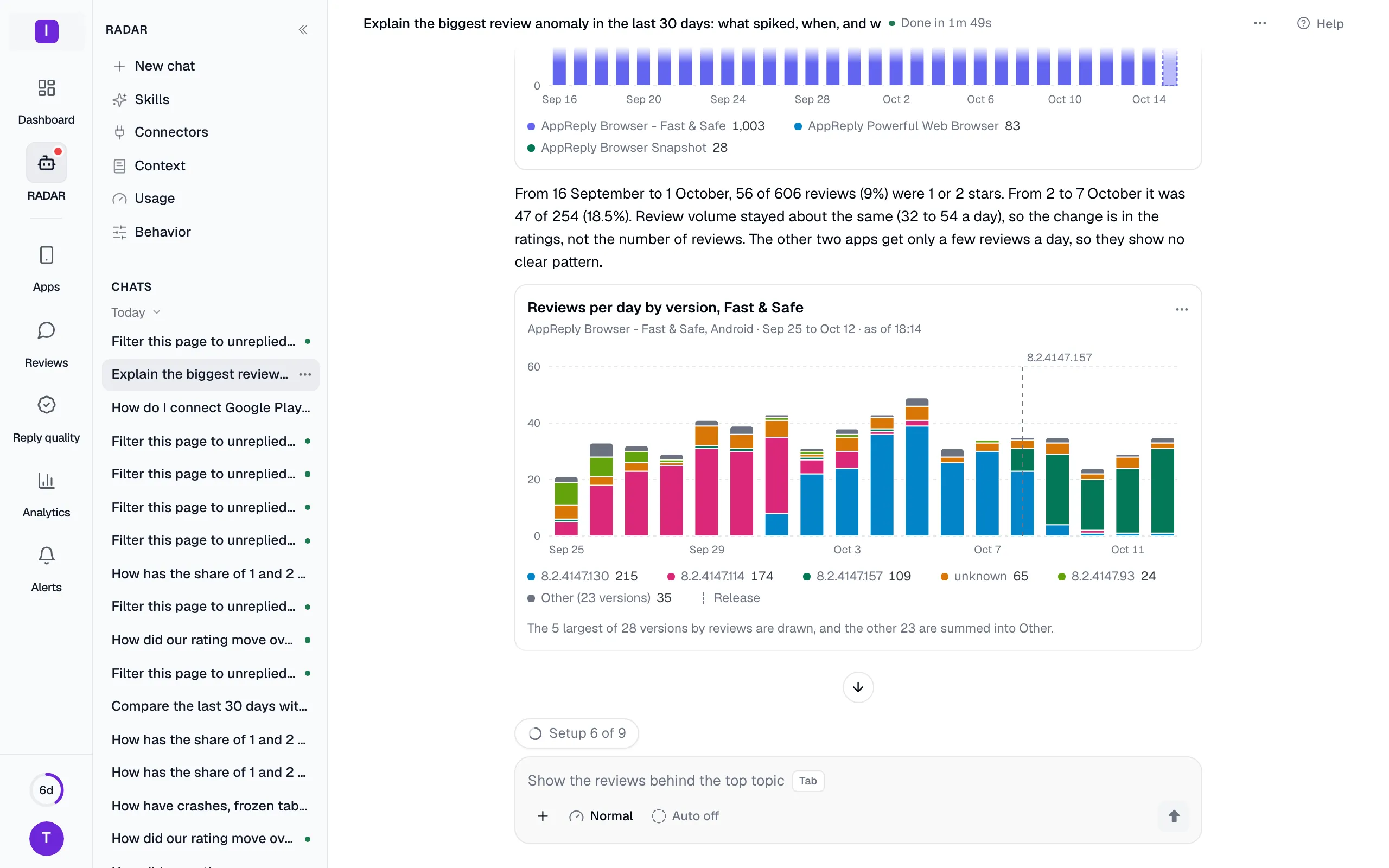 RADAR explaining the biggest review anomaly of the month: reviews per day by app version for an Android app, with the release marked, and the build behind the rise in low ratings.