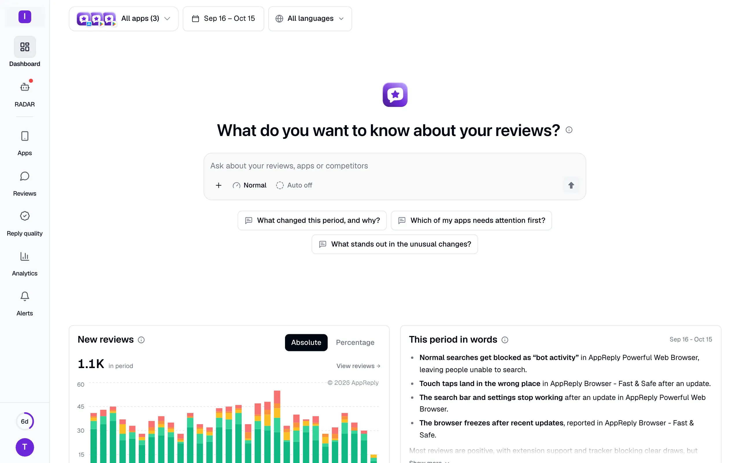 The AppReply dashboard home: RADAR asks what you want to know about your reviews, with starter questions, above the new reviews chart for the last 30 days and a summary of the period in words.