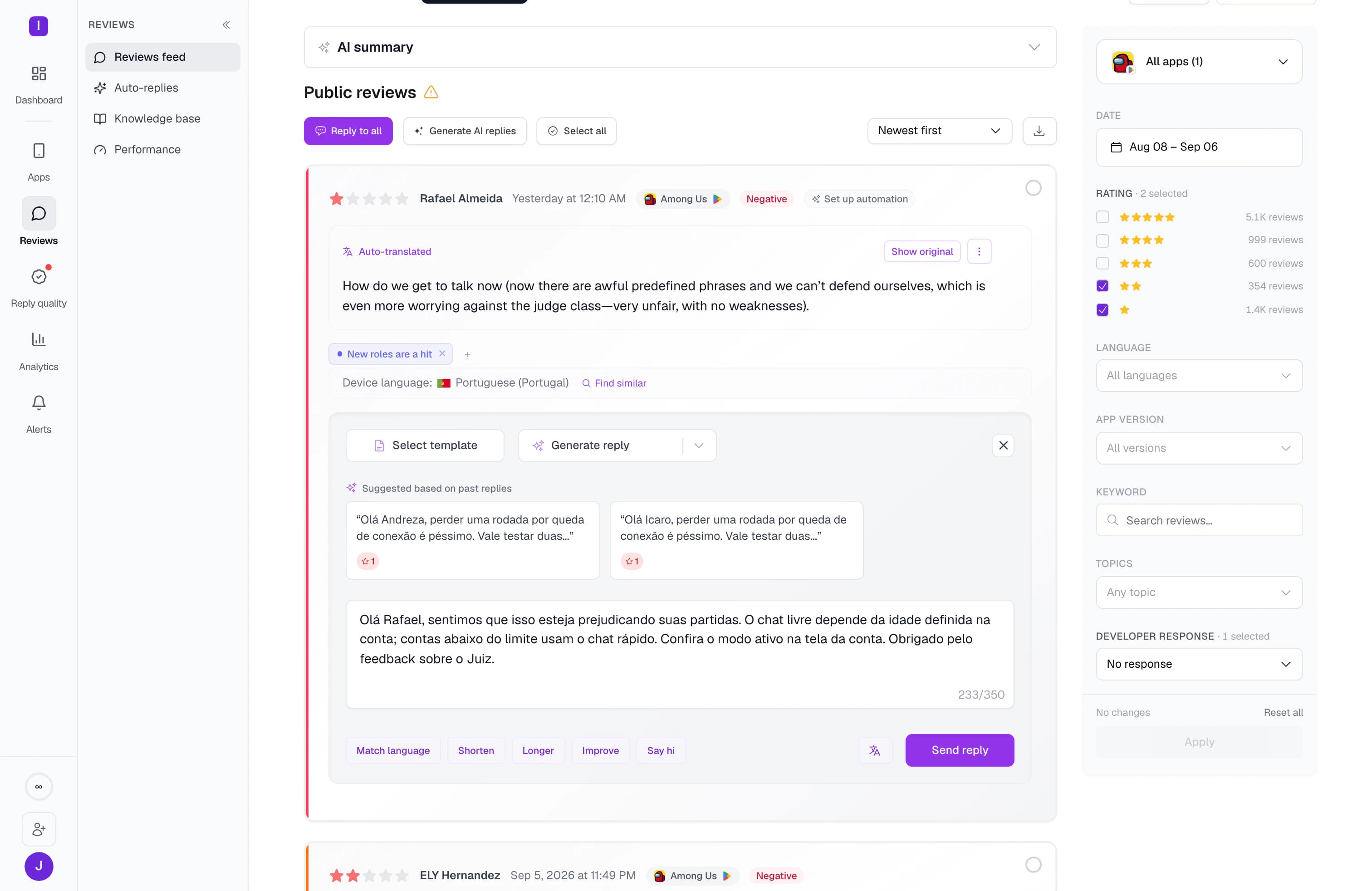 A review open with suggested replies drawn from past answers sitting above the reply box, and the drafted answer underneath them.