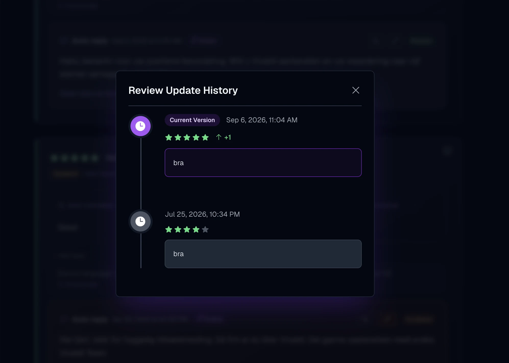 A review’s update history: the current five-star version from Sep 6 marked as a one-star increase, above the four-star version it replaced from Jul 25, each dated.